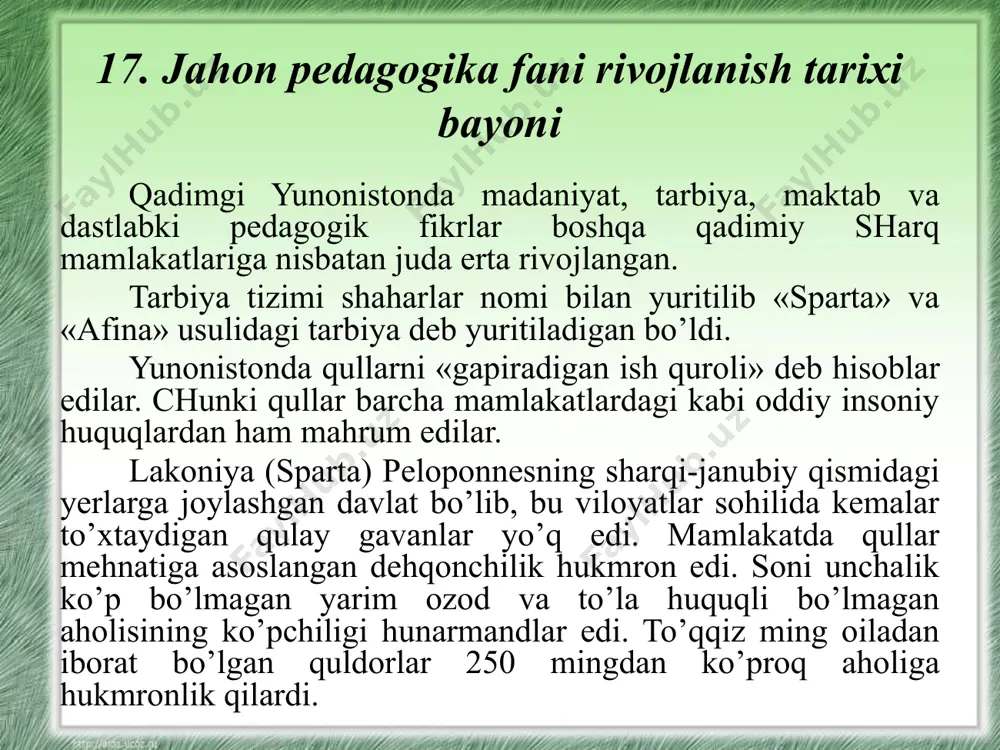 latonning fikricha, bolalar 3 yoshdan boshlab 6 yoshgacha davlat tomonidan tayinlab qo’yilgan tarbiyachilar rahbarligida maydonchalarda turli o’yinlar o’ynash bilan shug’ullanishlari muhim bo’lgan. platon o’yinlarni maktabgacha tarbiya vositasi deb hisoblab, ularga katta ahamiyat beradi, shuningdek, bolalarga hikoya qilib beriladigan materiallarni sinchiklab tanlash kerakligini ham uqtirib o’tadi. u bolalarga eng yoshlik chog’idanoq ijtimoiy tarbiya berish tarafdori edi. bolalar 7 yoshdan 12 yoshgacha davlat maktablariga qatnaydilar va bunday maktablarda ularga o’qish, yozish, hisob, musiqa va ashula o’rgatiladi. bolalar 12 yoshdan 16 yoshgacha odatdagi badantarbiya mashqlari o’rganiladigan palastrada, ya’ni jismoniy tarbiya maktabida o’qiydilar. platon ham xotin-qizlar tarbiyasi xususida fikr yuritib, spartadagi usulni ma’qullaydi. arastu o’g’il bolalar 7 yoshdan boshlab davlat maktabida o’qishi lozim, deb uqtiradi. bolalarga aqliy tarbiya berilishi kerakligini aytib, u o’g’il bolalar avvalo badantarbiya muallimlarining qo’liga topshirilsin, deb talab qiladi; bunda u bolalarni haddan tashqari charchatib qo’ymaslik kerakligini aytadi va ularni jismi mustahkamlanib olgunicha yengil mashqdar bilan shug’ullantirishni tavsiya etadi. demokrit tarbiyani …