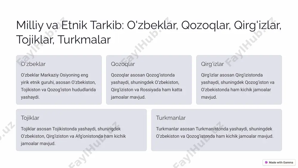 gi va hamjihatligi 1 birlik markaziy osiyo xalqlari o'zining madaniy va etnik xilma-xilligi bilan faxrlanadi. bu xilma-xillik mintaqaning boyligi va g'ururidir. 2 hamjihatlik birgalikda yashaydigan barcha millatlar o'rtasidagi o'zaro tushunish va hurmat muhim ahamiyatga ega. bu tinchlik va barqarorlikni ta'minlaydi. 3 kelajak kelajakda ham, markaziy osiyo xalqlari birlik va hamjihatlikda yashaydi, o'zining boy madaniy merosini saqlaydi va rivojlantiradi. 10 image1.png image2.png image3.png image4.png image5.png image6.png image7.png image8.png image9.png image10.png image11.png image12.png image13.png image14.png image15.png image16.png image17.png