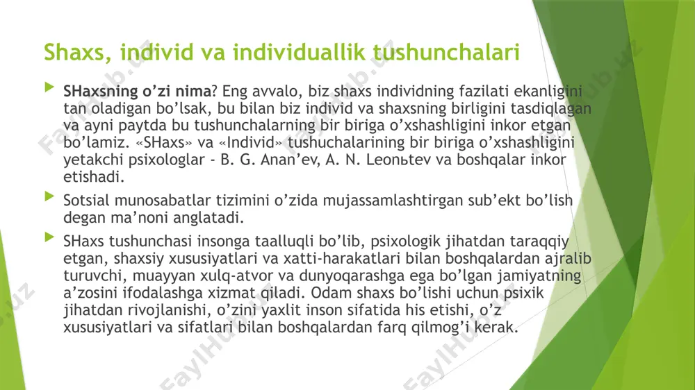 'lum xulq-odob qoidalariga amal qilishi lozimdir ta'lim-tarbiya insonning shakllanishida yetakchi rolni o'ynaydi, ta'lim-tarbiya natijasida irsiyat va muhitning stixiyali ta'siri bera olmaydigan o'qish, yozish, mehnat, malaka va ko'nikmalar egallanishi, hatto tug'ma kamchiliklar ham ma'lum tomonga o'zgartirilishi (kar, ko'r, soqovlarni o'qitish), muhit ta'sirida yuzaga kelgan salbiy kamchiliklarni ham tuzatish mumkin hozirgi kunda yurtimizda qobiliyatli, iste'dodli va iqtidorli bolalarga alohida e'tibor berilayotganligi, bu yoshlar o'zbekistonimiz kelajagi deb aytilayotganligi ham bejiz emas. «nihol» sovrini, zulfiya mukofoti, abu ali ibn sino, abu rayhon beruniy nomidagi va prezident stipendiyalarining joriy etilishi ham yoshlarga e'tiborning namoyon bo'lishidir. shaxsning rivojlanishida «faoliyat», «faollik» tushunchalarining o'rni beqiyos. buyuk insonlar o'z sohalarida yuksaklikka erishish uchun tinmay mehnat qilganlar. inson o'z intilishi va faolligi bilan yuksak cho'qqilarga, ko'p narsalarga erishishi mumkin, qobiliyat va iste'dodni ro'yobga chiqarish uchun ham o'z ustida ishlashi zarurdir. shaxs qaysi jamiyatda yashasa o'sha jamiyat hayotidagi qonun-qoidalarga asosan kamol topadi. shu jamiyatning moddiy va ma'naviy boyligidan bahramand bo'ladi. moddiy …