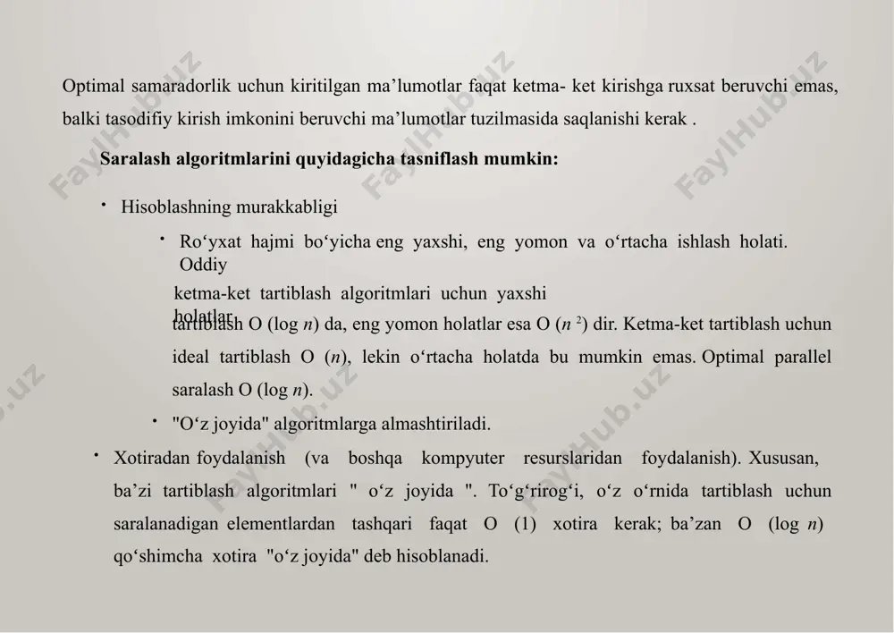 erlari shakllantirilgan va tahlil qilish uchun ushbu klasterlardan bir nechta namunalar tasodifiy tanlangan. bu koʻp bosqichli saralashdir, chunki ma’lumotlar klasterlari turli darajalarda shakllanadi. birinchi bosqichda koʻp sonli guruhlar shakllantiriladi va keyin ikkinchi darajani hosil qilish uchun har bir guruhdan bir nechta namunalar olinadi va bu jarayon barcha ma’lumotlarni tahlil qilish uchun takrorlanadi. namuna olishning bu usuli tez va arzon va koʻp vaqtni tejaydi, ammo bu usul kamroq aniq. agar namunalarning umumiy roʻyxati mavjud boʻlmasa, koʻp sonli tanlab olishda, agar ular odat boʻyicha yoki yoqtirish uchun ommaviy populyatsiyani oʻrganish kerak boʻlsa, foydalaniladi. ii. saralashning oʻrniga qoʻyish (insertion sort) algoritimi 2.2. saralashning oʻrniga qoʻyish (insertion sort) algoritimi. insertion sort algoritmi gʻoyasi. insertion sort (joylab saralash) ham tartibsiz array elementlarini saralash uchun moʻljallangan. uning ishlash prinsipi (gʻoyasi) huddi qoʻldagi kartani saralashga oʻxshab ketadi. ya’ni tartibsiz turgan kartalar ichidan birini olasiz va uni oʻzi turishi kerak boʻlgan joyga joylashtirib qoʻyasiz. (yuqoridagi rasmga qarang) 2.2.1 …