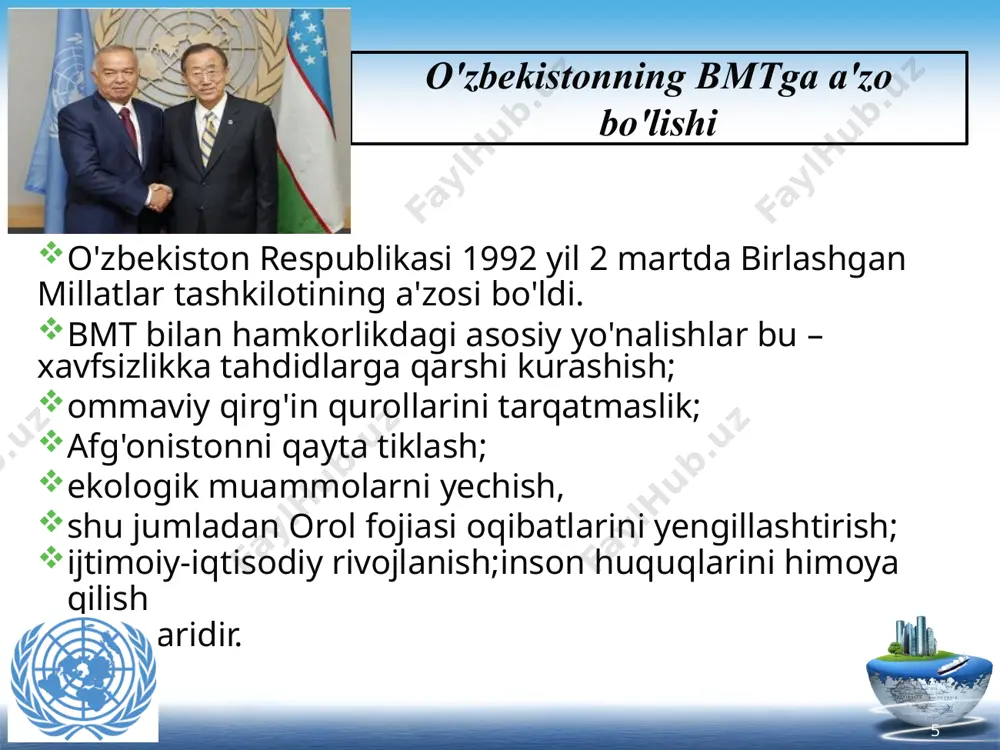 lkinlarini taqsimlash, rivojlanayotgan davlatlarga texnik yordam ko‘rsatishdan iborat. jahon metereologiya tashkiloti 1947 yilda tashkil etilgan, qarorgoxi jenevada. xalqaro metereologiya tashkilotining asosiy maqsadi metereologiya bo‘yicha xalqaro hamkorlikni tashkil etish, metereologiya xizmatining mukammallashib borishini ta’minlash va uning yutuklaridan aviatsiya, kishlok xujaligi, kemalar katnovida va boshqa sohalarda foydalanishdir. uning tezkor dasturi asosini bugun dunyo ob-havo xizmati tashkil etadi. xalqaro sud - bmtning asosiy sudlov organi. 1945 yilda tashkil topgan. davlatlar oʻrtasidagi yuridik nizolarni ularning roziligi bilan hal qiladi va huquqiy masalalar boʻyicha tavsiyaviy xulosalar beradi. 15 nafar sudyalardan iborat, ular bmt bosh assambleyasi va xavfsizlik kengashi tomonidan 9 yilga saylanadi. bmt ustavining ajralmas qismi hisoblanadigan statut asosida ish olib boradi. xalqaro sudi gaaga shahrida joylashgan o'zbekistonning yunesko bilan hamkorlik aloqalari "biz yunesko timsolida eng muhim insonparvarlik masalalarining echimiga ijodiy yondashishda harakatlantiruvchi kuch bo'lib xizmat qiladigan o'ziga xos betakror tashkilotni ko'ramiz” islom karimov 16 o'zbekiston 1993 yil 26 oktabrda yunesko bilan diplomatik aloqalar o'rnatdi …