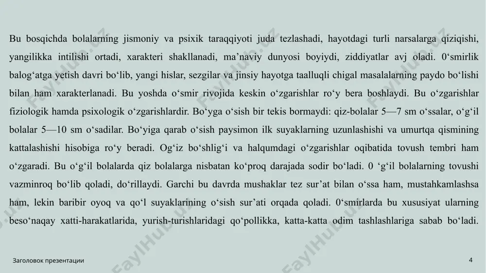 rinlik yillarida ham davom eta beradi. bunda o‘smirlar va ilk yoshdagi o‘spirin o‘quvchilarniig xulq-atvorlariga do‘stlari ota-onalar va pedagoglarga nisbatan bir necha marta kuchliroq ta’sir etadilar. buni shu bilan tushuntirish mumkinki, o‘smir bolaning yetilmaganligi va tajribasizligi uni tevarak-atrofdagi kimsalardan madad axtarishga majbur qiladi. 8 o’smirlik davridagi yetakchi faoliyat o’qish faoliyati muloqot faoliyati название презентации 9 10 0‘smir bolaga uning istaklarini tushunadigan va ularni amalga oshirishga yordam beradigan do‘st kerak. 0‘smirning do‘stlari bilan muloqoti ham o‘ziga xos xususiyatlarga ega. tengdosh bolalar bilan prinsipial tenglik holatidagi munosabatlar muhitiga nisbatan o‘smirda alohida qiziqish bo‘ladi. bu hoi o‘smirda yuzaga keladigan shaxsiy kattalik hissining etik mazmuniga mos keladi. kattalar bilan muloqotda boiish tengdoshlari bilan bo‘lgan muloqotning o‘rnini bosa olmaydi. 0‘smir uchun tengdoshlari bilan bo‘lgan muloqot u mustaqil harakat qiladigan o‘zining shaxsiy munosabatlari muhitiga ajraladi. u bunga haqqim bor, deb o‘ylaydi, o‘z huquqlarini himoya qiladi va aynan shuning uchun ham o‘rtoqlari bilan bo‘lgan munosabatga kattalarning o‘rinsiz, qo‘pol …