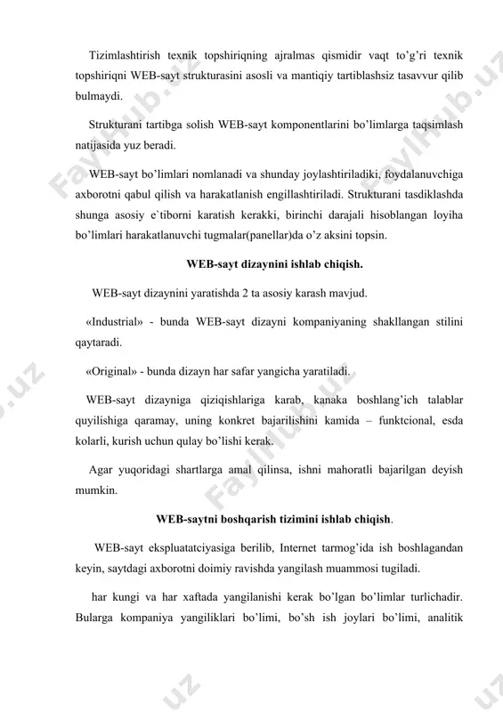 imlarining yangilanishi imkoni boricha tez amalga oshirilishi kerak. zamonaviy korporativ serverning yangilangan bo’limlariga axborotlarni joylashtirish tartibi quyidagicha web-saytga axborot joylashtirishning tezkor vaaniqligini ta`minlash uchun sistemaga adminstrativ web-interfeys (avi) kiritiladi. avi axborot kiritish protcedurasini engillashtiradi, chunki u operator (web-adminstrator)dan web-dasturlash soxasidagi bilimlarni talab kilmaydi. avi tashkilot web-saytini qulay, tushunarli interfeys bilan ta`minlash uchun qo’llaniladi. bu interfeysni ishlatish uchun web-adminstratorga faqatgina birta instrument – web-brauzer (microsoft internet explorer yoki analogi) kerakbo’ladi. web-adminstratordan serverdagi axborotlarni o’zgartirish uchun maxsus bilimlar talab qilinmaydi. web-saytni internet tarmog’iga joylashtirish. qulay harakatlanuvchi va chiroyli web-sayt ishlab chiqilgandan keyin , uning tarmokda sifatli joylashtirish xakida o’ylash kerak. word 2000da web-sahifa yaratish usullari. web-sahifa yaratishning 2 usuli mavjud. - master yoki shablon yordamida - html formatli word dokumentini o’zgartirish master yordamida sahifa yaratishni engillashtirish maksadida namuna sahifasi taklif qilinadi – masalan , individual boshlang’ich sahifalar va registratciya kiluvchi formalari , grafik bezash uchun turli mavzular – masalan , bayram yoki …