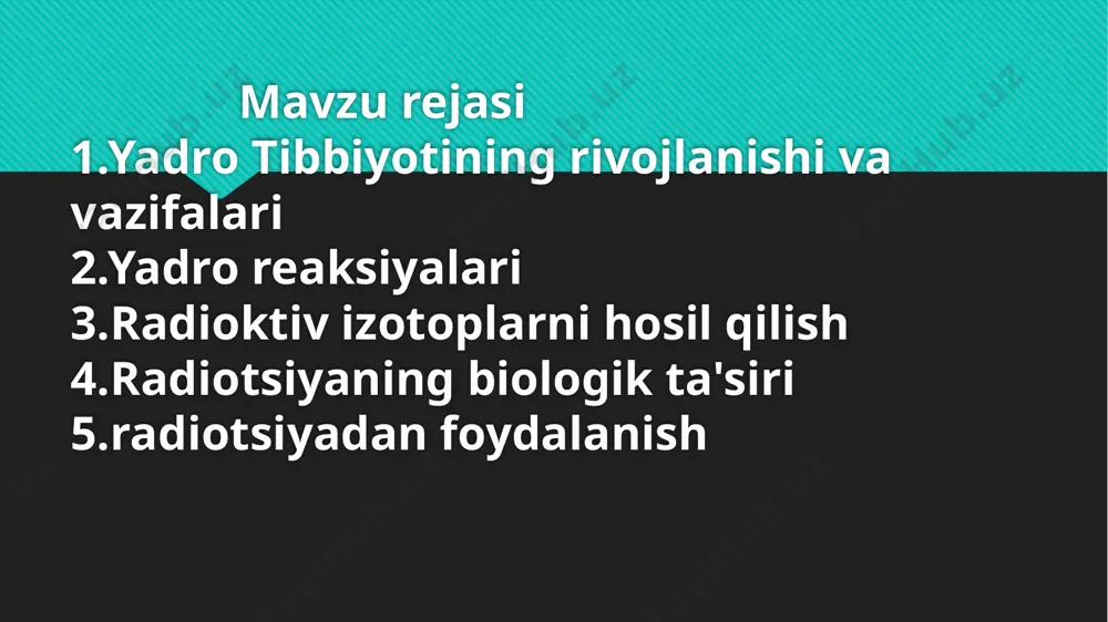 oʻgʻri, chunki yadro kimyosining tadqiqot obyekti atom yadrosining xossalari va yadro reaksiyalari boʻlsa, radiokimyoning tadqiqot obyekti radioaktiv yadrolarning xossalarini kimyoviy muammolar yechimi uchun qoʻllanishidir. yadro kimyosining asosiy yoʻnalishlari: yadro reaksiyalarini va yadroviy oʻzgarishlarning kimyoviy oqibatlarini oʻrganish; “yangi atomlar” kimyosi; myossbauer effekti; yangi elementlar va radionuklidlar, radioaktiv parchalanishning yangi turlarini topish. bu muammolarni yechishda radiokimyo, ionizatsiya, soʻnggi yillarda masspektrometriya, shuningdek, qalin qatlamli fotoemulsiya usullaridan foydalaniladi. atomlarning yadrolari õzgarishlari bilan borib yangi element yadrolarining hosil bõlishiga olib keluvchi jarayon yadro reaksiyasi deyiladi. yadro reaksiyalari tabiiy va sunʼiy boʻladi. radioaktiv elementlar õzidan 3xil (a-alfa, b-betta,y-gamma) nur chiqarib boshqa element yadrolarini hosil qiladi.davriy jadvalning 19-elementigacha kõpchilik elementlarning barqarorlikka egadir.20-elementdan boshlab elementlar bir yoki bir nechta izotoplarga ega. ularning yadrolari,yadro kuchlari protonlar orasidagi itarilish kuchlarini qoplay olmaganlari uchun barqaror bõlib, ortiqcha energiyasini ajrata boshlaydi. tabiiy sharoitlardagi izotoplarda boʻladigan radioaktiv tabiiy radioaktiv, yadro reaksiyalari vositasida olinadigan izotoplarning radioaktivi sunʼiy radioaktiv deyiladi. sunʼiy va tabiiy radioktivlik orasida …