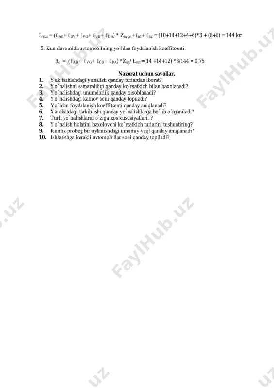 rganiladi? 7. turli yo`nalishlarni o`ziga xos xususiyatlari. ? 8. yo`nalish holatini baxolovchi ko`rsatkich turlarini tushuntiring? 9. kunlik probеg bir aylanishdagi umumiy vaqt qanday aniqlanadi? 10. ishlatishga kеrakli avtomobillar soni qanday topiladi?