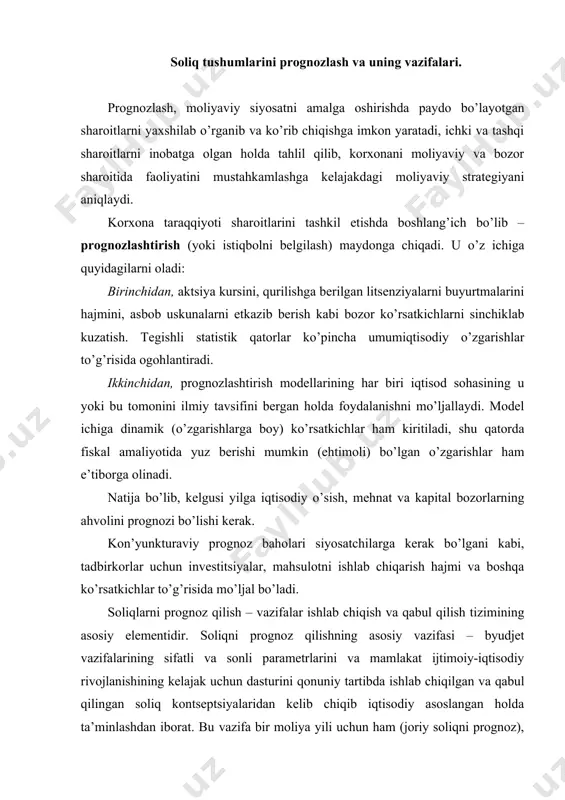 elib chiqib iqtisodiy asoslangan holda ta’minlashdan iborat. bu vazifa bir moliya yili uchun ham (joriy soliqni prognoz), uzoqroq kelajak uchun ham (soliqni prognoz qilish) hisob-kitob qilinadi. shunga bog’liq holda soliqni rejalashtirish va taktikasi va uning strategiyasi farqlanadi. soliq bo’yicha joriy byudjet vazifalarini ishlab chiqishda, choraklik soliq tushumlarini aniqlashda taktik vazifalar echiladi. ularning echimi soliqqa tortish bo’yicha strategik maqsadlarni o’rnatish va tadqiq qilish uchun huquqiy makon yaratadi. bu holda soliqni prognoz qilish joriy soliq majburiyatlarini bajarish bo’yicha olingan xisobot vatahliliy ma’lumotlari ustida olib borilgan ilmiy tadqiqotlar natijalariga asoslanadi. bu ma’lumottlarni yig’ish va qayta ishlash joriy yildagi soliqqa tortishning pozitiv va negativ ko’rinishlarini, uning investitsiyalash darajasiga, tarmoqlardagi tarkibiy o’zgarishlarga, hududlar, korporatsiyalar va fuqarolar daromadlariga ta’sirini baholashga yo’l ochib beradi. soliq taktikasi byudjet klassifikatsiyasi bo’yicha daromadlari moddalari tarkibini ishlab chiqish, soliq boshqaruvi va nazoratini amalga oshirish borasida hokimyat va boshqaruv organlarining kompleks amaliy faoliyatlarini aks ettiradi. taktik qadamlarning sifatli tarkibi barcha darajadagi byudjetlarning …