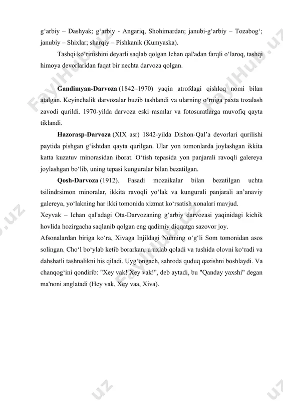 orgohi. bu yerda masjidlar, qabulxona, ayol qismi uchun xonalar (haram), zarbxona, otxona, ustaxonalar, yashash xonalari va boshqalar bor edi. hukmlarni ijro etadigan joy – zindon mavjud bo‘lgan. maydonda o‘quv janglari va harbiy ko‘riklar va paradlar o‘tkazilgan. qal'a xon va uning a'yonlar, amaldorlar va harbiylarning hayoti uchun zarur bo‘lgan barcha narsalar bilan ta'minlangan. 1686-1688 yillarda qurilgan birinchi bino 18-asr o‘rtalarida, eronliklarning bosqini paytida vayron qilingan. bugungi kunda mavjud bo‘lgan majmua xix asr boshlarida (1804–1806) qayta ta'mirlangan. foydalanilgan adabiyot 1. mirziyoyev sh.m. milliy taraqqiyot yo‘limizni qat’iyat bilan davom ettirib,yangi bosqichga ko‘taramiz.1-jild .toshkent :o‘zbekiston. nmiu 2017 592 -bet 3. karimov i.a tarixiy xotirasiz kelajak yo‘q. __t.:sharq 1998 4. karimov. i.a xxi asr bo‘sag‘asida xavfsizlikka tahdid,barqarorlik shartlari va taraqqiyot kafolatlari __t.:o‘zbekiston 1997 5. karimov. i.a yuksak ma’naviyat -yengilmas kuch __t .: ma‘naviyat 2008 6.karimov. i.a o‘zbekiston mustaqillikka erishish ostonasida ostonasida. image1.jpeg image2.jpeg xivaning diqqatga sazovor joylari reja: 1. xiva hozirgi kunda necha yoshda 2. …