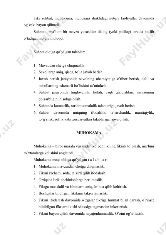 shi. 5. nutq shaklining ixcham, qiziqarli bo`lishi. 6. nutq egasining vazmin, og`ir bo`lishi. 7. suhbatdosh hurmatning ifodasi bo`lishi, uning shaxsiga tegadigan so`z va gaplarning bo`lmasligi. notiqlik aytilayotgan fikrning tinglovchiga yetib borishi va uning ruhi hamda xulqiga ta’sir etish notiqlik san’atiga bog`liq. notiqona nutq maqsadi va xususiyatlariga ko`ra quyidagi turlarga ajratiladi: a) tashviqiy nutq b) tanqidiy nutq c) tabrik nutqi. 1. tashviqiy nutq deb muallif ko`zda tutgan biron voqea-hodisani bajarishga tinglovchilarni da’vat etuvchi, undovchi nutqqa aytiladi. tashviqiy nutq oldiga qo`yilgan talablar: a) mavzudan chetga chiqmaslik b) mavzu mohiyatini to`la ochib berish c) mavzu dolzarbligini uqtira olish. d) nutqning ta’sirchanligini oshira olish. e) ko`chirma va misollarni o`rinli keltira olish. 2. tanqidiy nutq. yuz bergan hodisalar, shaxslar hatti-harakatlariga e’tirozli munosabatda bo`luvchi nutq tanqidiy nutq hisoblanadi. tanqidiy nutq oldiga qo`yilgan talablar: a) yuz bergan voqea-hodisalarning mohiyatini ochib berish; b) tanqid uchun dalillarning yetarli bo`lishi; c) notiqning o`ta hayajonlanib ketmasligi; d) haqiqatdan chetlanmaslik; e) kishi …