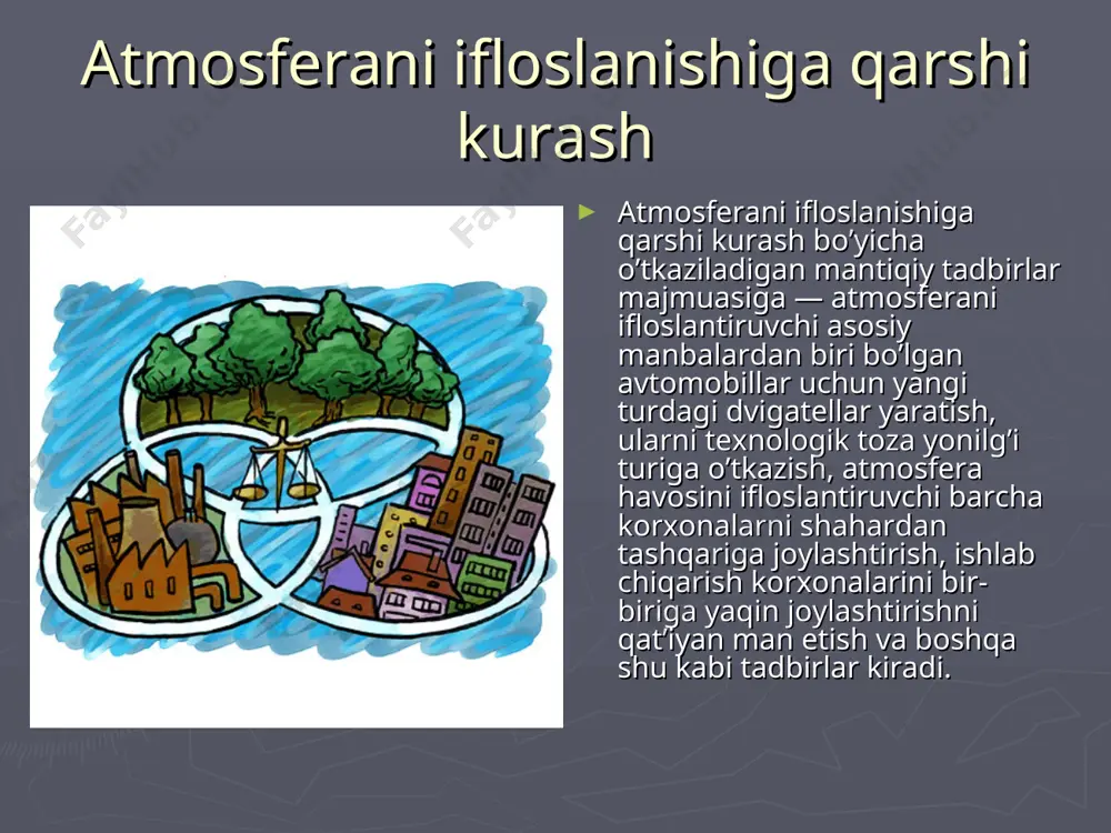 a chiqindilar butunlay bo’lmaydi, chiqindi moddalar boshqa maxsulotlar ishlab chiqarish uchun xom ashyo vazifasini o’taydi. chiqkindisiz yoki kam chiqindili ishlab chiqarish jarayonlarini tashkil etishda xom ashyo tayyorlash, mavjud materiallardan tula foydalanish, ularni chiqindi sifatida tashqi muhitga tashlamaslik chora-tadbirlari ko’riladi. albatta, chikindisiz texnologiya jarayonlarini ishlab chikish nazariy jixatdan oson bo’lsa-da, amalda uni joriy etish juda murakkabdir. shuni ham aytib o’tish kerakki, chiqindisiz ishlaydigan sanoat korxonalari faoliyatlari asosini barcha xom ashyolarni tayyor mahsulotlarga aylantirish tashkil qiladi. ayrim olimlarning fikricha, atmosfera havo qatlamini ifioslantiruvchi manba — avtotransport vositalaridan chiqqan zaharli gazlar hisoblanadi. katta odam soni milliondan oshgan shaharlarda 3,4 ben (a) terenning miqdori 100 m3 havoda 1,7 m kg yetadi aslida bu ko'rsatkich 0,2—0,4 m kg atrofida bo'lishi me'yoriy hisoblanadi. 1 dona avtomobil bir yilda o'rtacha 4 tonna oksigenni havodan olib atrof-muhitga 800 is gazi 40 kg azot oksidi va 200 kg zaharli modda hamda uglevodorodni tashlaydi. hozirgi kunda dunyoda avtomobillar soni oshib …