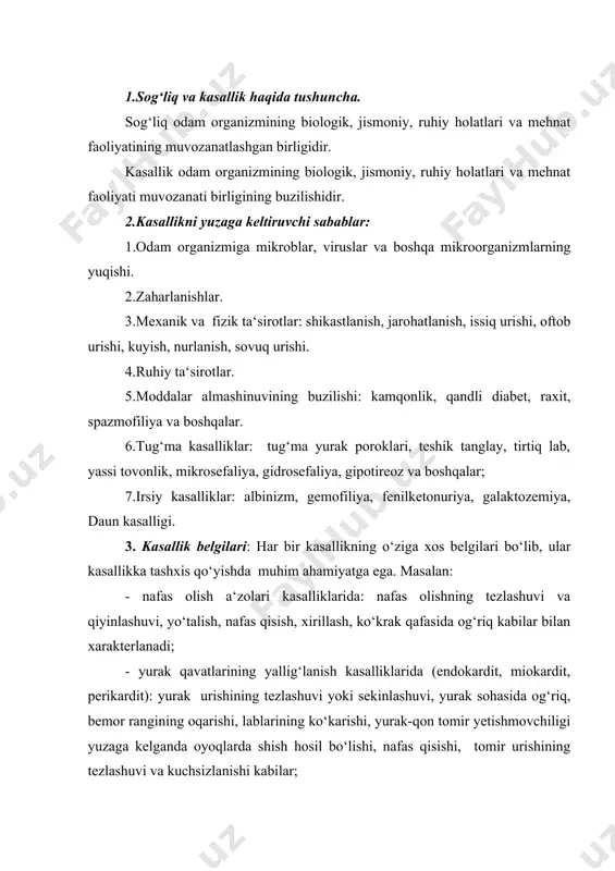 kasalliklarida: bel, qovuq sohalarida og‘riq, siydik ayirishning tezlashuvi, siydikning loyqalanishi yoki qizarishi, pastki qovoqlarda shish paydo bo‘lishi, siydikda eritrotsit, leykotsit, oqsil kabilarning paydo bo‘lishi; - jigar va o‘t yo‘li kasalliklarida: o‘ng qovurg‘a yoyi ostida og‘riq, ko‘z oq pardasining sarg‘ayishi, ko‘ngil aynishi, ishtahaning pasayishi, qonda bilirubin moddasi miqdorining ko‘payishi kabilar. 4.kasallik asoratlari. kasallikka o‘z vaqtida to‘g‘ri tashxis qo‘yib davolash tadbirlarini talab darajasida olib borilmasa kasallikning kechishi qiyinlashadi, murakkablashadi, uning asosiy belgilaridan tashqari yuzaga kelgan asoratning belgilari ham namoyon bo‘ladi. masalan, gripp kasalligini ayrim odamlar nazar-pisand qilmay, 4-5 kun yotib davolanmasdan oyoqda yurib o‘tkazmoqchi bo‘ladilar. buning natijasida gripp virusi va uning toksinlari o‘pka to‘qimasini yallig‘lantirib pnevmoniya, yurak muskulini zararlab miokardit, miya pardasini zararlab meningit, miya to‘qimasini zararlab ensefalit, buyrakni zararlab nefrit kabi og‘ir kasalliklarning vujudga kelishiga sabab bo‘ladi. shuningdek, arterial gipertoniya kasalligini o‘z vaqtida aniqlab muntazam ravishda davolash tadbirlarini o‘tkazmaslik, sog‘lom turmush tarziga rioya qilmaslik (spirtli ichimliklar iste’mol qilish, chekish, jismoniy va …