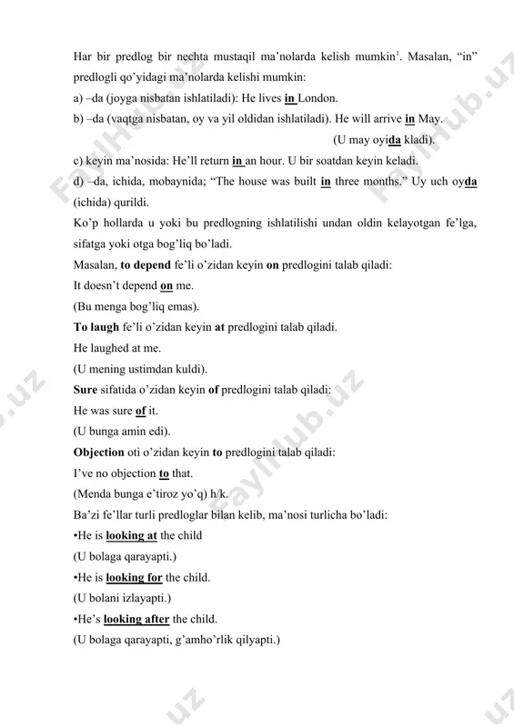 fear of, in opposition to, instead of, in order to, on behalf of. tilshunoslarning fikrini ko’rib chiqish jarayonida predloglarning tuzilishi haqida muhammad g’apporov ularni uch xil tarzda bergan bo’lsa, t. dadaboeva esa ularni to’rt xil turga bo’lib yoritib bergan, ya’ni m. g’apporov darsligida predloglar tuzilishiga ko’ra soda, (yasama) qo’shma va predlog vazifasini bajaruvchi so’zlar guruhiga bo’lgan bo’lsa, t. dadaboeva esa ularni soda, yasama, qo’shma va murakkab predloglarga bo’lib ko’rsatgan. murakkab predloglarni m. g’apporov o’z darsligida predlog vazifasini bajaruvchi so’zlar guruhi deb nomlagan. shu o’rinda tilshunos b. ilish “the structure of modern english” nomli darsligida shu haqidagi fikrlarini ko’rib chiqamiz. u qo’yidagi fikrlarni tadbiq etgan: asosiy diqqat gaplardagi ma’no va funksiyalari huddi predloglardek bir xil bo’lgan so’zlar guruhiga qaratilishi lozimdir. bu guruhga out of, as to, as for, instead of, in spite of (va h.k) kabilar kiradi. biz bularni predloglar guruhi deb nomlay olmaymiz. modomiki, predlog bu so’zdir, so’zlar guruhi emas …