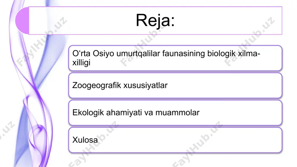 arida: laylak, o‘rdaklar, qirg‘ovul. • ahamiyati: migratsiya yo‘llarida joylashgani sababli qushlar uchun muhim hudud. 5. sutemizuvchilar (mammalia): mintaqa sutemizuvchilarining xilma-xilligi geografik sharoitlarga moslashgan. • turlar soni: 150 dan ortiq. • ko‘zga ko‘ringan vakillar: • cho‘lda: tulki, cho‘l mushugi, qum sichqoni. • tog‘larda: arhar, tog‘ echkisi, qor barsi. • o‘tloqlarda: bo‘rsiq, qulon, qizil bo‘ri. zoogeografik xususiyatlar 1. palearktika mintaqasiga kirishi: o‘rta osiyo hayvonot dunyosi palearktika zoogeografik mintaqasiga tegishli bo‘lib, unda sibir, yaqin sharq va janubiy osiyodan kelgan faunistik elementlar uchraydi. 2. endemizm: mintaqadagi quruq va izolyatsiyalangan sharoitlar sababli ko‘plab hayvonlar endemik hisoblanadi: • endemik baliqlar: amudaryo va sirdaryo havzalaridagi marrinkalar. • endemik sudraluvchilar: cho‘l agamas, markaziy osiyo bo‘g‘ma iloni. • endemik qushlar: ba’zi qush turlari mintaqaning faqat ma’lum joylarida uchraydi. 3. biogeografik hududlar: o‘rta osiyo beshta asosiy biogeografik hududga bo‘linadi: • cho‘l hududi: saxroga xos hayvonlar (ilonlar, agamalar). • dasht hududi: o‘tloq sichqonlari, qirg‘ovullar. • tog‘ hududi: arhar, qor barsi. • …