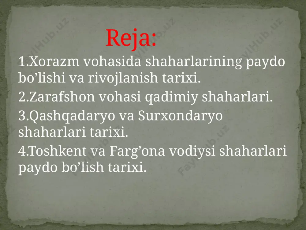 koʻhna urganch 10 – 14-asrlarda xorazm davlatining poytaxti boʻlib, xorazm va movarounnahrda eng katta shaharlardan biri edi. asl nomi gurganj, arab geograflari asarlarida jurjoniya deb tilga olinadi. miloddan avval 1-asr xitoy solnomasida yuye-gan yoki yuye-szyan shaklida qayd qilingan. 10-asrning 2-yarmida markazi gurganjda boʻlgan mustaqil amirlik vujudga kelib, u kat shahridagi xorazmshohlar bilan raqobat qila boshladi. 995 yilda gurganj amiri maʼmun ibn muhammad katdagi xorazmshohlar sulolasini tugatib, oʻzini xorazmshoh deb eʼlon qildi (995–997). oʻsha vaqtdan gurganj xorazm davlatining yagona poytaxti boʻlib qoldi va 11 – 12-asrlarda bu yerda madaniyat va sanʼat ravnaq topdi. xiva o‘z tarixida gullab yashnashni ham, qulashni ham boshdan kechirdi. shahar ahamoniylar davlati tomonidan bosib olingan. 305-yildan 995-yilgacha xiva xorazm davlating tarkibiga kirgan.ix-xi asrlar davomida xivani bir qancha qudratli sulolalar boshqargan. shahar madaniyat va ma’rifat markazi bo‘lgan. bu yerda astronomiya, matematika, kimyo va boshqa sohalarda ko‘plab o‘quv muassasalari va yirik ilmiy markazlar mavjud edi.latining tarkibiga kirgan. buxoro — …