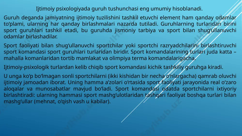gida birlashadilar, biroq ularning barchasi ham ushbu maqsadni bir xii darajada qabul qilmaydi; garchi guruh a'zolarining xattiharakatlari u qadar muvofiq kelmasa va ularning fikrlarida tarqoqlik mavjud bo'lsada, guruhiy faoliyatning amalga oshishi kuzatiladi. bunday hollarda guruh doimiy ravishda rahbarning aralashuviga ehtiyoj sezadi, uning aktivlari endigina qaror topa boshlaydi. guruh a'zolari o'rtasidagi o'zaro munosabatlar nisbatan tez qaror topadi, biroq do'stlar davrasiga xos munosabatlar tarzida ular hali aniq namoyon bo'lmaydi. kooperatsiyalar darajasida guruh a'zolarining yakdil harakatlari aniq namoyon bo'ladi, ularning qarashlari yagona, qadriyatlari umumiy, unga intilishlari ham bir xii bo'ladi. guruh tartiblashgan tizim sifatida muvaffaqiyatli faoliyat yuritishi mumkin bo'ladi. guruh a'zolari o'rtasidagi munosabatlar va muloqot ishchanlik xarakteriga ega bo'lib, ular umumiy maqsadga erishish uchun yo'nalgan bo'ladi. ammo bu darajada ham guruh faoliyatining yo'nalishi u qadar muhim ahamiyat kasb etmaydi, shuning uchun ham uning ijobiy tomonga,ya'ni jamoa tomon o'sishi ham,shuningdek salbiy tomonga - korporatsiya tomon og'ishi ham yuz berishi mumkin (korporatsiya - guruhning salbiy …