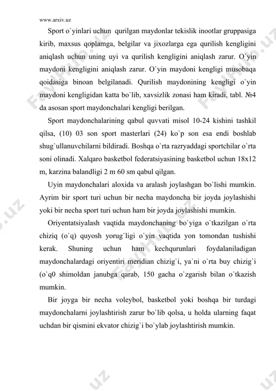 ylarning sharq tomoniga ekvator chizig`i bo`ylab joylashtirish mumkin, chunki bunday joylashtirish erta ham kech ham uyinga quyosh nuri xalaqit bermaydi. maydonchalarni tekislash voleybol va tennis maydonlarini tekislashda og`ish o`rta chizig`ida oxirgi bet chiziq tomonga, basketbol va qul to`pi maydonlaridagi og`ish markazi bo`ylab o`tkazilgan o`q chizig`idan yoki tomondagi chiziqlarga tomon bo`lishi kerak. bundan tashqari vertikal tekislikga to`g`ri kelganda ayrim o`zgarishlar bo`lishi mumkin. tabl. №5. vertikal tekislash notekis joylarda sport maydonchasi qurish uchun avval ularni tekislash zarur. tekislashda ham u joyning tuzilishiga ham mexnat sarf qilib, yer relyefini buzmasdan maydonchalarni, drenaj qurilishi hisobga olingan bo`lishi kerak. tekislash oldidan kartogrammasini ishlab chiqib 2x2, 3x3 kvadratlarga bo`lib, qancha chuqurlikda tuproq qozib olish yoki qancha qalinlikda tuproq solish kerakligini hisoblab chiqish zarur. har bir kvadratni tekislashda qoziqlar qoqilib, o`lchami beriladi va undan keyin ish boshlab yuboriladi. maydonchalarning qoplama konstruksiyasi 1. tekis, yumshoq, to`pning yaxshi sakrashini ta`minlaydigan, suv o`tkazuvchan va ichkarida nam saqlaydigan bo`lishligi. 2. har …