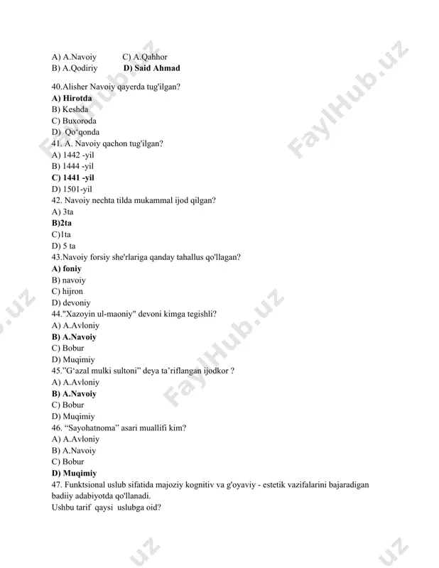 yor-birodarlar davrasidan olisda, chaqirsa ovoz yetadigan joyda quvg'in bo'lib olamdan o'tgan edi". a)a'zamjon b)ikromjon c)tursunboy d) ilyosjon 62.hujjatlar tegishligiga ko‘ra qanday turlarga bo‘linadi? a)ichki va tashqi hujjatlar b)xizmat va shaxsiy hujjatlar c)rasmiy va norasmiy hujjatlar d) sodda va murakkab 63.muayyan muassasa yoki mansabdor shaxs nomiga biror iltimos, taklif yoki shikoyat mazmunida yoziladigan rasmiy hujjat ....... a)ariza b)tarjimayi hol c)ma'lumotnoma d) tavsifnoma 64. “istanbul fojeasi” asari muallifi kim? a.erkin vohidov b)abdulla oripov c) abdulla avloniy d) g‘afur g‘ulom 65.hujjatlar qaysi uslubda yoziladi? a) badiiy va so‘zlashuv b)rasmiy c)ilmiy va badiiy d) ilmiy 66.ma’lum qolipga solinganlik qaysi uslubga xos? a) badiiy va so‘zlashuv b)rasmiy c)ilmiy va badiiy d) ilmiy 67.said ahmadning "ufq" romani necha qismdan iborat? a) 2 b) 3 c) 4 d) 1 68.”janjalchilik zarari” hikoyasi muallifi kim? a) abdulla avloniy b) abdulla qodiriy c) said ahmad d) g‘fur g‘ulom 69.agar hujjat muayyan muassasaning o'zida tuzilib, undan shu muassasaning o'zida foydalanilsa, …