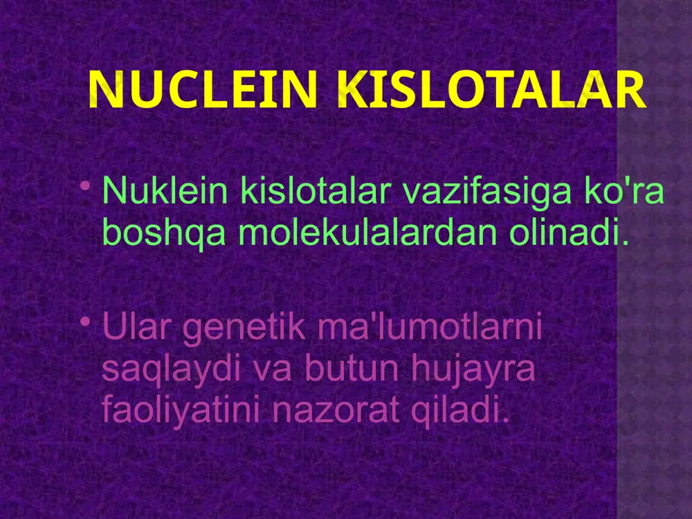 ri ular oʻzaro qoʻshilib, bitta ip hosil qiladi.ikkinchi ip birinchi ipning nukleotidlar ketma-ketligiga koʻra tekislanadi. qachonki dnkning ikkita zanjiri biriksa, adenin doimo timin bilan bog'lanadi.adenin va timin o'rtasida vodorod bog'i mavjud ( a =t) . (c---g) dnkdagi adenin nukleotidlari soni timin nukleotidlari soniga teng. shuning uchun nukleotid sitozin guanin nukleotidiga ekvivalentdir. bu yerni bosing o'zini rivojlanish hujayra bo'linishidan oldin dnk o'zini ko'paytiradi. bu o'z-o'zidan ishlab chiqarish deb ataladi. bu yerni bosing yarimi saqlash ikki dnk zanjiri yangi yarim konservativ bo'lib chiqadi . bu yerni bosing 1- bir qatordan iborat. 2- yadro, mitoxondriya, xloroplast sitoplazmasi ichida. 3- dnk dan kelib chiqadi. 4-nukleotidlar a , u, g va c. 5- shakar riboza 6- u genetik ma'lumotni uzatadi va oqsillardan ajralib chiqadi. rnk messenger rnk transport rnk ribosomal rnkning xossalari ribozom rnk​ rnkning barcha turlari dnk tomonidan ishlab chiqariladi.dnk dan rnk hosil bo'lishi replikatsiya deyiladi. keyin rrnk sitoplazmaga o'tadi. boshqa rnklar turli xil …
