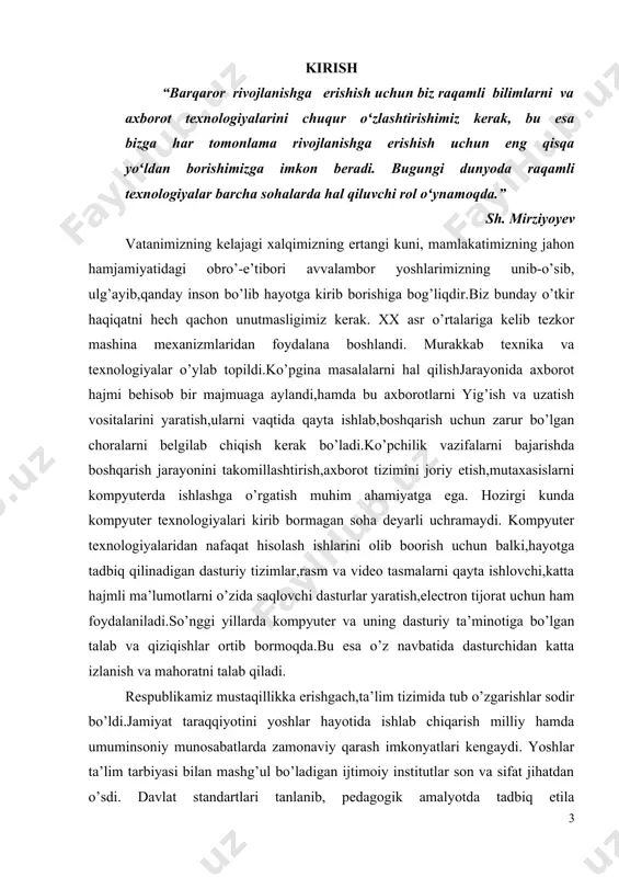 espublikasi birinchi prezidentining “kompyuterlashtirishni yanada rivojlantirish va axborot- kommunikatsiya texnologiyalarini joriy etish to’g’risida”gi farmoni va uning ijrosini amalga oshirish yuzasidan va axborotkommunikatsiya texnologiyalari sohasida strategik ustuvorlikni amalga oshirishga doir amaliy chora-tadbirlarni ta’minlash maqsadida vazirlar mahkamasining 2002-yil 6-iyundagi “2002-2010 yillarda kompyuterlashtirish axborotkommunikatsiya texnologiyalarini rivojlantirish dasturi ” to’g’risidagi qarori e’lonqilindi. 2005 yil 2-iyunda o’zbеkiston rеspublikasi birinchi prеzidеntining “axborot tеxnologiyalari sohasida kadrlar tayyorlash tizimini takomillashtirish to’g’risida”gi qarori qabul qilindi. bu qarorlarning davomi sifatida o’zbekiston respublikasi “axborot erkinligi prinsiplari va kafolatlari to’g’risida” qonuni 2012-yil 12- dekabrda qabul qilindi. ushbu qonun 16 moddadan tashkil topgan bo’lib, unda ushbu qonunning asosiy vazifalari, axborot erkinligi prinsiplari va kafolatlari to'g'risidagi qonun hujjatlari, axborot erkinligining asosiy prinsiplari axborotning ochiqligi va oshkoraligi, axborotni olish tartibi, shaxsning, jamiyatning, davlatning axborot borasidagi xavfsizligi, shu kabi bir qator moddalarni o’z ichiga olgan. inson uchun axborotlarni to’plashda uning barcha sezgi organlari xizmat qilsa, uzoq masofadagi axborotlarni to’plash uchun bu esa yetarli emas, buning uchun …