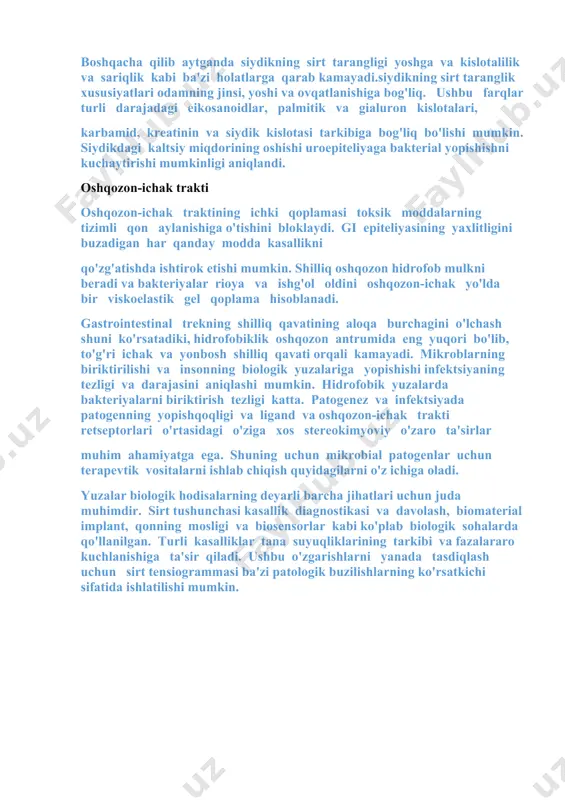 o'sishi uchun matematik model joriy etildi. ushbu model stress va hujayra shakli o'rtasidagi asosiy munosabatni tavsiflaydi. ushbu korrelyatsiyalar, shuningdek, o'simta invaziyasi yoki metastaz sodir bo'lganligini aniqlashga yordam beradi. nazariy taklif tibbiyot sohasida uyali darajada foydali bo'lishi mumkin va davola sh rejasi bo'yicha ob'ektiv qarorlar qabul qilishga yordam beradi.o'simta bosqichlarini tashxislashda benign va malign o'smaning morfologiyasidan foydalanish mumkin. xatarli o'smaning interfeysi xiralashgan va tartibsiz bo'lib, yaxshi xulqli o'smaning yuzasi silliq va tiniq bo'ladi. o'simtaga o'tish paytida neoplastik va normal hujayralar orasidagi fazalararo kuchlanish pasayadi va ikki hujayra populyatsiyasining aralashishiga olib keladi.buyrak va genitouriya kasalliklari siydik tarkibiy qismlari 150 dan ortiq kimyoviy moddalardan iborat; elektrolitlar, azotli birikmalar, vitaminlar, gormonlar, organik kislotalar va turli xil organik birikmalar. ushbu normal tarkibiy qismlarning hech biri siydik sirt tarangligiga sezilarli ta'sir ko'rsatmaydi. karbamid, siydik kislotasi, kreatinin va aseton sirt tarangligini o'zgartirmaydi. sirt tarangligiga ta'sir qiluvchi siydik tarkibiga safro tuzi va natriy xlorid kiradi. siydik sirt tarangligi …