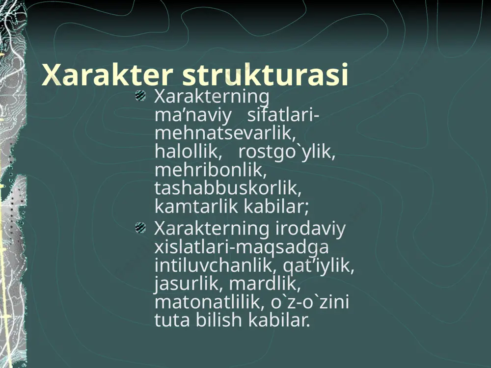 g‘ma xususiyatlar orasidan nihoyatda katta ahamiyatga ega bo‘lganlari yuksak nerv faoliyati tiplarini farq qiladigan alomatlardir, ya’ni qo‘zg‘alish va tormozlanish jarayonlarining quvvati, muvozanati va ildamligidir. shu sababdan odamning qobiliyat va iste’dodi unga tug‘ma xos bo‘lgan yuksak nerv faoliyati tipi bilan mahkam bog‘langan bo‘ladi. ammo yuqorida aytilganidek, nerv faoliyatining tug‘ma xos tipi sira o‘zgarmay, bir zaylda qoladigan narsa emas, u odamning yashagan sharoitiga bog‘liq holda o‘sadi, o‘zgaradi. shuning uchun ham yuksak nerv faoliyatining tug‘ma bo‘lgan tipini turlanish sharoiti ta’siri bilan vujudga kelgan tipdan ajrata bilish lozim. image1.png image4.jpeg image5.jpeg image6.jpeg audio1.wav image7.wmf image8.wmf image9.wmf image10.jpeg image11.wmf image12.wmf image13.wmf image14.wmf image2.png image3.png image15.jpeg image16.wmf image17.wmf image18.wmf image19.wmf image20.wmf image21.jpeg image22.wmf image23.wmf image24.jpeg /docprops/thumbnail.jpeg