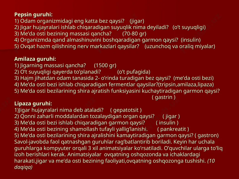 at - 5 ball 4ta rag’bat - 4 ball 3ta rag’bat - 3 ball 2ta rag’bat - 2 ball 1ta rag’bat - 1 ball past ball to’plaganlarning uy vazifalari ko’riladi va qo’shimcha savollar beriladi. (2 daqiqa) vi. uyga vazifa: tayanch so’zlarni yozib, o’rganish. mavzuni o’qib jadvalni to’ldirish. me’da yara kasalligi me’da rak kasalligi 1. appendisit chuv o’simtasining sog’lom holati va yallig’langanda 2. jarrohlik yo’li b.n olib tashlash o’t-tosh kasalligida operatsiya