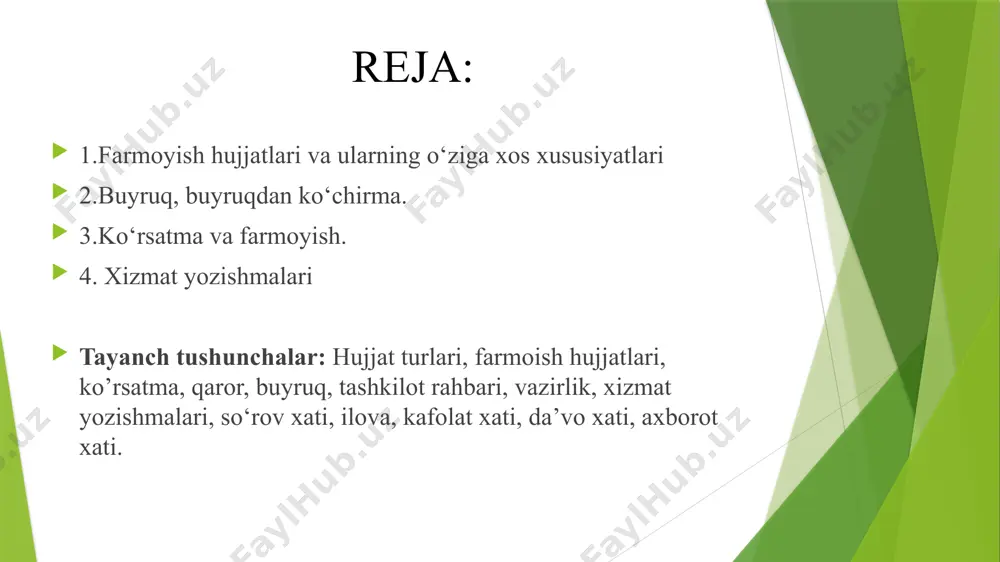 amaldagi qonunlarga, hukumat qarorlariga qanchalik muvofiq kelishi; mazkur idoraning ilgari berilgan buyruqlariga mos kelishi. buyruq loyihasiga tegishli imzolar qo‘yilib, u blankaga ko‘chirilgach, tashkilot rahbari uni imzolaydi. asosiy faoliyatga oid buyruqlarda, odatda, mazmunidan kelib chiqib sarlavha qo‘yiladi (ba’zi qisqa buyruqlarda qo‘yilmasligi ham mumkin). rahbar imzolagan buyruq ish yuritish bo‘yicha mas’ul xodim tomonidan tegishli daftarga qayd etiladi. buyruqning asosiy matni asoslovchi (kirish) va farmoyish qismlaridan tarkib topadi. asoslovchi (kirish) qismida buyruqdan maqsad, shart-sharoit, sabablar ko‘rsatiladi, asos qilib olinayotgan buyruqqa havola qilinadi (nomi, raqami, sanasi yoziladi). ayrim hollarda buyruqqa asos bo‘lgan hujjat uning farmoyish qismi tegishli bandida ham ko‘rsatiladi. ba’zi buyruqlarni asoslashga hojat bo‘lmasligi mumkin, bunday hollarda ular to‘g‘ridan-to‘g‘ri farmoyish qismi bilan ham berilaveradi. buyruqning farmoyish qismi yangi satrdan, bosh harflar bilan yoziladigan «buyuraman» so‘zidan boshlanadi. shu so‘zdan so‘ng ikki nuqta qo‘yilib, yangi satrdan farmoyish lar beriladi. zaruriyatga qarab farmoyishlar bandlarga bo‘linib, arabcha raqamlar bilan belgilanadi. raqamdan so‘ng nuqta qo‘yilib, so‘z bosh harfdan …