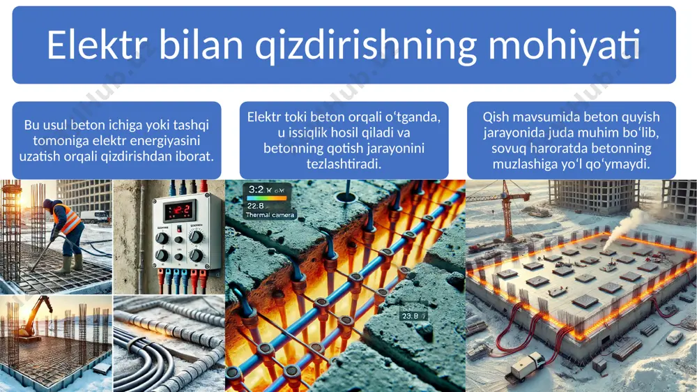 qizdirilgan beton odatdagiga qaraganda 20-30% tezroq mustahkamlanadi. optimal haroratni saqlash uchun 10-15°c oralig‘ida bo‘lishi tavsiya etiladi. issiqlikni noto‘g‘ri taqsimlash betonning notekis qotishiga olib kelishi mumkin. image1.jpg image2.png image3.png image4.png image5.png image6.png image7.png image9.png image8.png image11.png image10.png /docprops/thumbnail.jpeg