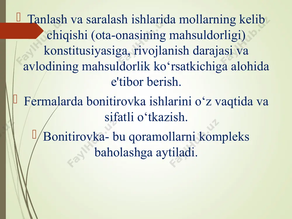 olarini tashkil qilindi. qoramolchilikda sun'iy urug‘lantirishni tiklandi. yosh nasldor mollarni to‘g‘ri o‘stirishni tashkil etildi. chet ellardan zotdor mollar, ularning urug‘larini olib kelishni tashkil qilindi. uni o‘tkazishda mollarning zotdorligi, kelib chiqishi, mahsuldorligi, o‘sish va ulg‘ayishi, ekster'eri va konstitusiyasi, avlodning sifati, ularning pushdorligi va hakozo belgilari kompleks baholanadi shu boisdan birinchi navbatda davlat naslchilik birlashmasi va o‘znaslxizmat korxonalarining faoliyatini jonlash-tirish, ularni fermer – naslchilik xo‘jaliklari bilan ishlarini tashkil qilish kerak. zotlar bo‘yicha kengash mavjud zotlarni takomillashtirish bo‘yicha naslchilik ishlarini yaxshi tashkil qilish va rejaga muvofiq yuritish maqsadida respublikada zotlar bo‘yicha kengashlar tuzilgan. yuqorida qayd etilgan barcha chora tadbirlar aholining oziq-ovqat mahsulotlariga va sanoatining xom-ashyoga bo‘lgan talabini to‘laroq qondirish maqsadida chorva mollari zotini takomillashtirishga ularning mahsuldorligini oshirishga qaratilgandir. e'tiboringiz uchun rahmat!