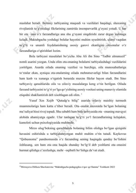 bogʻliqdir. [footnoteref:4] [4: mirzayeva dilfuza shavkatovna “maktabgacha pedagogika o‘quv qo‘llanma” toshkent 2022] bolalar temperamenti xususiyatlariga koʻra ham bir–birlaridan ajralib turadilar: -xushchaqchaq, sergap, quvnoq, xayotning oʻzgaruvchan sharoitlariga tez moslasha oladigan oʻz bolalar sangvennik timperamentga mansub; -qoʻshimcha noxush kayfiyatda yuradigan, ta’sirchan, kamgap, sust bolalar –melanxolik temperamentga kiradilar; - xotirjam, befarq, kamharakat, nutqi sust bolalar flegmatik; -jaxldor, betoqat, serzarda, xarakatchan bolalar xolerik hisoblanadilar. bolalar kattalarning yordamiga muxtoj boʻlishiga ham qarab bir-birlaridan farq qiladilar. ba’zi bolalar biror hatti-harakatni bajarishni bir necha marta koʻrsatish, tushuntirish kerak. bolalar oʻzlarini qiziquvchanlik, aqliy faolliklariga qarab ham bir–birlaridan ajralib turadilar. bolalarning maktabga psixologik tayyorgarligi keng va mukammal boʻlib rivojlangan boʻlishi darkor. bolalarga qanchalik yaxshi bilim bersak, oʻylaymizki ular kelajakda vatanga sadoqat ruhida, yetuk inson boʻlib yetishadilar. demak, tarbiyachi bola shaxsida axloqiy his-tuygʻularni tarbiyalash uchun hamma vosita va metodlarni qo’llasa, yaxshi xulq namunalarini oʻrgatish ancha oson kechadi. shaxsni shakllantirish tarbiya jarayonida ro‘y beradi, inson tarbiyasi xalq baxt-saodati yo‘lidagi bunyodkorlik mehnatida, …