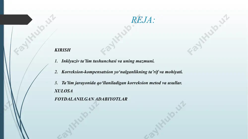 ratilgan ta’sir choralaridir. nutqiy korreksiya – logopedik mashg‘ulotlar orqali talaffuz, lug‘at boyligi va muloqot ko‘nikmalarini rivojlantirish. psixologik korreksiya – bolada o‘ziga ishonchni mustahkamlash, stress va qo‘rquvni kamaytirish. harakat ko‘nikmalarini korreksiyasi – jismoniy mashqlar, fizioterapiya va maxsus o‘yinlar yordamida motorika rivojini qo‘llab-quvvatlash. kompensatsion yo‘nalish kompensatsiya — bolaning cheklangan imkoniyatlarini boshqa imkoniyatlar hisobiga qoplash. masalan: ko‘rishida nuqsoni bor bolaga brayl yozuvi, audio kitoblar, maxsus qurilmalar. eshitishida nuqsoni bor bolaga imo-ishora tili, subtitrlar, eshitish apparatlari. jismoniy nogironligi bo‘lgan bolaga moslashtirilgan parta, nogironlar aravachasi, elektron doskalar. bu orqali bola o‘quv jarayonidan chetda qolmaydi, balki imkon qadar teng sharoitda bilim oladi. psixologik-pedagogik yordamning o‘rni korreksion-kompensatsion yo‘nalganlik faqatgina defektolog yoki logoped faoliyati emas, balki pedagog, psixolog, ota-ona hamkorligida amalga oshiriladi. bu jarayonda: individual ta’lim dasturlari ishlab chiqiladi. har bir bolaning rivojlanish darajasiga mos yondashuv qo‘llaniladi. bolaning o‘zini jamiyatda erkin tutishi uchun ijtimoiy ko‘nikmalar shakllantiriladi. texnologiyalar va innovatsion vositalar bugungi kunda inklyuziv ta’limda zamonaviy texnologiyalar keng qo‘llanilmoqda: …