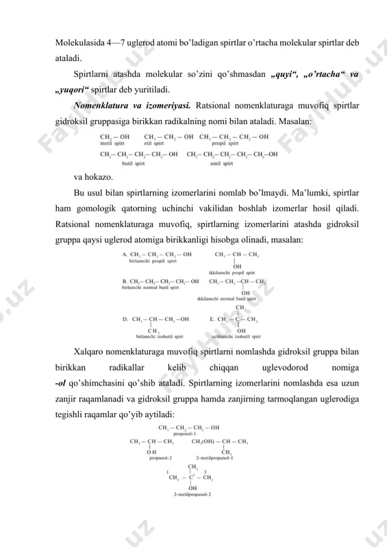 . spirtlarning izomerlarini nomlashda esa uzun zanjir raqamlanadi va gidroksil gruppa hamda zanjirning tarmoqlangan uglerodiga tegishli raqamlar qo’yib aytiladi: xalqaro nomenklaturaga asosan gidroksil gruppa joylashgan o’rni ba’zan asosiy zanjirning boshida ham ko’rsatiladi. gidroksilning o’rnini -ol qo’shimchasidan ilgari ham ifodalash mumkin. masalan, yuqoridagi spirtlar quyidagicha ataladi: d.2-metil-1-propanol yoki 2-metilpropan-1-ol e.2-metil-2-propanol yoki 2-metilpropan-2-ol butan ch3 —ch2 —ch2 —ch3 va izobutan (2-metilpropan) formulalaridan to’rtta bir atomli spirtning formulasini chiqarish mumkin. pentan va uning izomerlari formulalaridan sakkizta turli spirtlar formulasini chiqarish mumkin. bir atomli spirtlar tabiatda keng tarqalgan bo’lib, ular o’simliklar tarkibida kislotalar bilan birikkan holda, ya’ni murakkab efirlar shaklida uchraydi. ba’zi quyi molekular spirtlar, masalan, metanol va etanollar erkin holda oz miqdorda uchrashi mumkin. metanol ba’zi o’simliklarning efir moylarida, etanol esa hayvonot va o’simliklar a’zolarida erkin holda topilgan. тabiatda spirtlarning murakkab efirlaridan tashqari, oddiy efirlarini ham uchratish mumkin. spirtlar, asosan, ikki usulda: sintez usulida va biokimyoviy usulda olinadi. sintez usulda spirtlar olish: 1.murakkab …