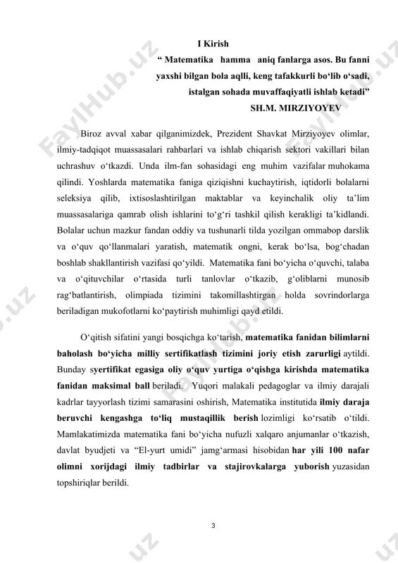 ka analiz fani nima uchun kerak, nima maqsadlarda foydalaniladi, uning yechimlari qanday topiladi kabi masalalar qaraladi. shu o’rinda bu mavzuga doir “yuqori tartibli differensial tenglamalar va sistemaning klassifikatsiyasi. ikkinchi tartibli va uch o’zgaruvchili differensial tenglamalarni kanonik ko’rinishga keltirish” mavzusidan, ikkinchi tartibli chiziqli xususiy hosilali differensial tenglamalarning tiplari va bularga oid masalalar, misollar yechish kabi ishlar o’rganiladi. ushbu fikrlar tanlangan mavzuning qanchalik darajada dolzarb ekanligini ko’rsatadi. kurs ishining obyekti. oliy ta’lim muassasalarida “ matematik fizika tenglamalar” fanini o’qitish jarayoni kurs ishining predmeti. oliy ta’lim muassasalarida matematik fizika tenglamalari fanidan misol va masalalarida qo’llashni nazariy va amaliy bilimlar asosida o’rgatish usullari kurs ishining maqsadi. oliy ta’lim muassasalarida matematik fizika fanidan qo’shma differensial operatorlar. riman usuli. riman funksiyasi. umumiy ko’rinishdagi giperbolik tipdagi tenglama uchun qo’yilgan koshi masalasini riman usulida yechish va ularga doir misol, masalalarini yechishdan iborat. kurs ishining vazifalari. oliy ta’lim muassasalari uchun dtc, taqvim rejasi, mavzuga oid mavjud adabiyotlar, internet ma’lumotlarini …