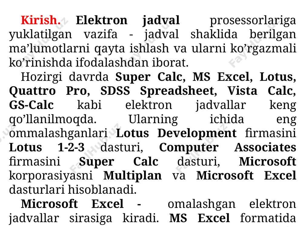 nom va kengaytmaga ega bo’lgan faylni bo’lmasligi. microsoft excel 93-2003 ilovalar uchta harfli (*.xls) nomdagi kengaytmaga taqdim qilinadi. masalan, ingiliz tili.xls, abdullayeva dinora.xls yoki 117-120 gurux.xls. microsoft excel 2010 ilovasi (*.xlsx) nomdagi 4 harfli kengaytmaga ega bo’ladi, masalan, ingiliz tili.xlsx, abdullayeva dinora.xlsx yoki 117-120 guruh.xlsx. лист yorlig’i - u ishchi listining bir qismi hisoblanadi; u listning quyi qismida joylashtirilgan bo’ladi va listlarni faolashtirish uchun xizmat qiladi. foydalanuvchi tomonidan лист 1, лист 2, лист 3, ... kabi list yorliqlaridan keraklisini sichqoncha ko’rsatkichi bilan bosilishi uni faol bo’lishini ta’minlaydi. natijada faollashgan листda saqlanuvchilar ish kitobining oynasiga chiqariladi. ishchi listining nomi ushbu mezonlarga muvofiq bo’lishi lozim: har bir ishchi listi unikal nomga ega bo’lishi; listning nomi 31 belgidan oshib ketmasligi; list nomlarida «/», «\», «?», «:», «*» kabi belgilarni ishlatilmasligi. microsoft excel 93-2003 ilovalari 65 536 ta satr, 256 ta ustun va 16 777 216 yacheyka (katak)dan iborat bo’ladi. microsoft excel 2010 da …