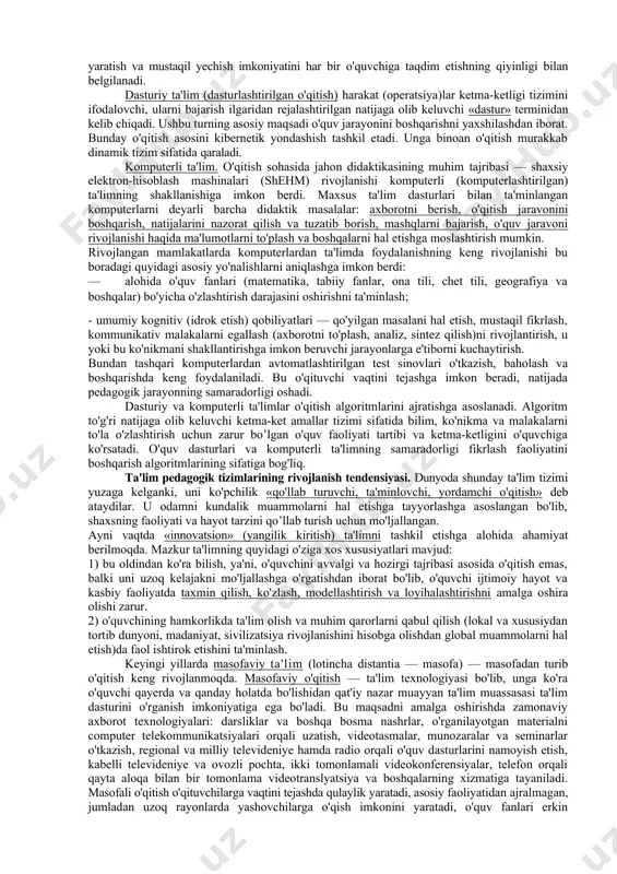 rning rivojlanishi xv-vh asrlarga to'g'ri kelgan. madrasalarda, o'qitish fors tillarida olib borilgan. talabalar majburiy tarzda arab tilini ham o'rganganlar. o'quv rejasiga grammatika, qur'on, hadis, ritorika, logika, metafizika, geologiya, adabivot, huquqshunoslik kabi fanlar kirgan. o'qitish asosan og'zaki shaklda olib borilgan. biroq talabalar foydalangan o'quv adabiyotlari asta-sekin ancha ko'p qirrali, turli-tuman bo'lib boradi. maktab ta'limi erkaklar uchun mo'ljallangan. ammo har bir badavlat oila qiz bolani o'qitish uchun uyga o'qituvchini taklif etgan. dogmatik o'qitish o'rniga asta-sekin o'quv jarayonida ko'rgazmalilikni keng jalb etish natijasida tushuntirish, tushuntirish-namoyish etish kabi ta'lim shakllari qo'llanila boshlandi. bugungi kunda o'rta asrda keng qo'llanilgan ta'lim turlari -dogmatik va sxolastik o'qitish elementlari ham saqlanib kelinmoqda. tushuntiruvchi-namoyish etuvchi ta'lim nomidan mohiyati anglanib turibdi. ko'rgazmalilik asosida tushuntirishning asosiy metodlari tinglash va eslab qolish sanaladi. tushuntiruvchi-namoyish etuvchi ta'lim turi vaqtni tejash, o'qituvchi va o'quvchilarning kuchlarini asrash, qiyin bilimlarni tushunishni osonlashtirish, ta'lim jarayonini ancha samarali boshqarishni ta'minlaydi. biroq muayyan kamchilikka ham ega, ya'ni, «tayyor» bilimlarni …