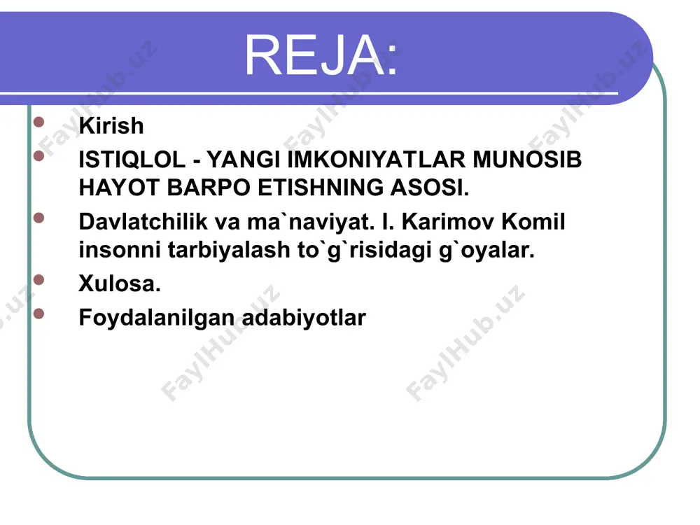 g asosini nima tashkil etadi? albatta, oilaning asosini qonuniy nikoh tashkil etadi. chunki faqat qonuniy nikohgina oilada er-xotin va bolalar o’rtasida o’zaro huquq va majburiyatlarga asos bo’ladi. oila kodeksida nikoh tuzishning ixtiyoriyligi belgilab qo’yilgan. lekin fuqarolarimiz, oila qurish oldidan bu ixtiyoriylik orqasida, yuqorida ta’kidlanganidek, ayni vaqtda jamiyat oldida, tug’ilajak farzandlar oldida muayyan burch, majburiyat va mas’uliyat turganligini his qilishlari lozim.o’zaro qonuniy nikohda bo’lgan er-xotindan farzand tug’ilganida, ulardan birining arizasiga ko’ra tug’ilish to’g'risidagi yozuvlar daftarida va bolaning tug’ilganlik haqida guvohnomasida ular ota-ona deb yoziladilar. davlatchilik va ma`naviyat. mustahkam jamiyatda oilaning o`rni ota-ona, bola – majburiyat, mas`uliyat va qonun davlat ichidagi kichkina davlat davlatchilik va ma`naviyat prezidentimiz islom karimov “yuksak ma’naviyat – yengilmas kuch” asarida ta’kidlaganidek, har qaysi millatning o‘ziga xos ma’naviyatini shakllantirish va yuksaltirishda, hech shubhasiz, oilaning o‘rni beqiyosdir. xalqimiz azaldan oilaga muqaddas dargoh, shaxs kamolotining beshigi sifatida qaraydi. binobarin, inson oila bag‘rida dunyoga keladi, hayot haqidagi ilk tushunchalari shu yerda …