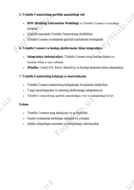 agi imkoniyatlar kirish trimble connect — bu trimble kompaniyasining bulutga asoslangan ko‘p foydalanuvchili platformasi bo‘lib, qurilish va muhandislik loyihalarini boshqarish, model yaratish, ma'lumotlarni almashish va jamoa ichidagi hamkorlikni osonlashtirishga qaratilgan. bu platforma nafaqat fayllarni saqlash va almashish, balki 3d modellarni yaratish, tahlil qilish va loyiha bosqichlarini yaxshilash uchun imkoniyatlar yaratadi. trimble connect dasturining asosiy maqsadi — loyihalar ishtirokchilari o‘rtasida ma'lumotlarni samarali almashish, qurilish jarayonlarini nazorat qilish va sifatni oshirishdir. bu dastur foydalanuvchilarga rejalashtirishdan tortib, yakuniy qurilish ishlarigacha bo‘lgan barcha bosqichlarda yordam beradi. 1. trimble connect dasturiga kirish trimble connect dasturi birinchi marta 2014 yilda ishlab chiqilgan. u qurilish va muhandislik sohasida o‘zgaruvchan ehtiyojlarga javob berish uchun trimble tomonidan yaratilgan. dastur foydalanuvchilarga bulutli muhitda o‘z loyihalarini boshqarish va modellarni tahlil qilish imkonini beradi. trimble connect platformasi asosan qurilish sanoatida ishlatiladi, ammo boshqa sohalarda ham keng qo‘llaniladi. asosiy foydalanuvchilar:  arxitektorlar: loyiha dizaynlarini yaratish va boshqarish.  muhandislar: loyiha rejalari va hisobotlarni …