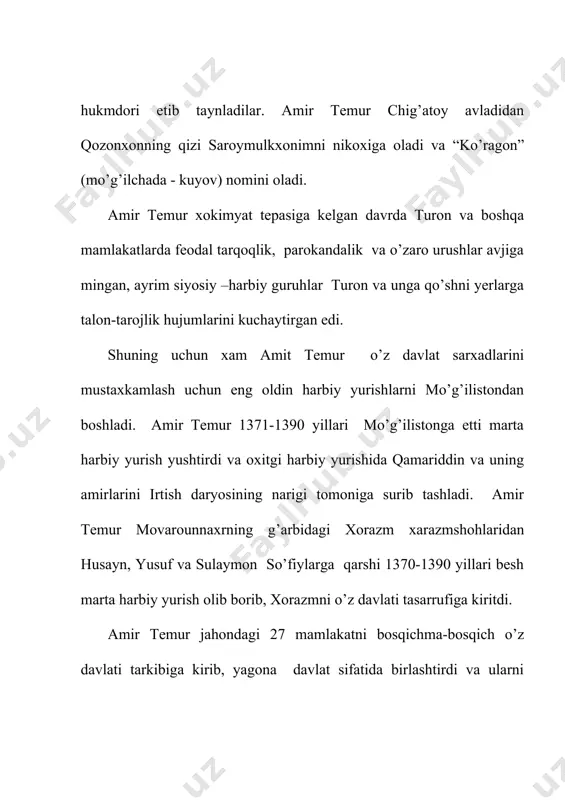 t belgilab bergan andoza (standart) buyicha, oltin, kumushning sofligi va vazniga alohida etibor bergan holda zarb qilinishi davlat tomonidan qattiq nazorat qilib turilar edi. ayni chog’da bu tangalardagi mahalliy bezaklarning o’ziga hos nafisligi saqlanib qolgan bo’lib, hirot, mashxad, isfahon, tabriz va bog’dodda zarb qilingan tangalarda bu hususiyat yaqqol ko’zga tashlanadi. amir temur o’zining birinchi tanga pullarini 774/ 1372-73 yillari chig’atoy honlarining andozasi bo’yicha zarb qilgan bo’lsa ham, lekin 1380 yillarga kelib pul islohoti olib borilishi natijasida yangi shakildagi pullarni o’z nomi bilan zarb qildirdi. eski tanga pullarni esa hazinaga qaytarib olib, ularni eritgan. yangi andozadagi tanga pullarni zarb kilganligi uchun ham uning birinchi chiqargan pullari turli joylarda topilgan dafina (hazina)larda juda kam uchraydi.amir temur davlatida 1380 yillari samarkand va horazmda onda-sonda oltin tangalar zarb qlingan bo’lsa ham, bu tangalar butun dunyodagi numizmatika kolleksionerlari uchun kamyob nodir tanga hisoblanadi. amir temur kumush tanga pullarining qadr qimmati shuncha baland bo’lganki, 1403 yili …