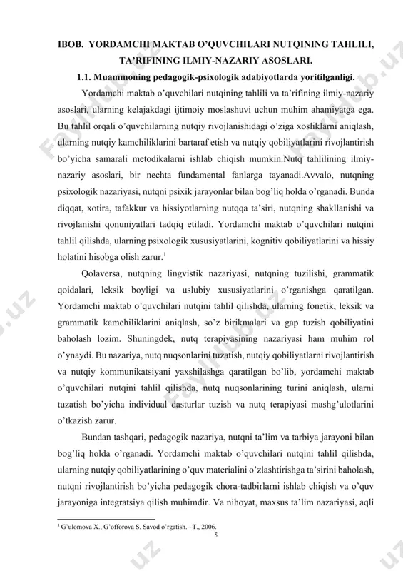 unikatsiyani yaxshilashga qaratilgan bo’lib, yordamchi maktab o’quvchilari nutqini tahlil qilishda, nutq nuqsonlarining turini aniqlash, ularni tuzatish bo’yicha individual dasturlar tuzish va nutq terapiyasi mashg’ulotlarini o’tkazish zarur. bundan tashqari, pedagogik nazariya, nutqni ta’lim va tarbiya jarayoni bilan bog’liq holda o’rganadi. yordamchi maktab o’quvchilari nutqini tahlil qilishda, ularning nutqiy qobiliyatlarining o’quv materialini o’zlashtirishga ta’sirini baholash, nutqni rivojlantirish bo’yicha pedagogik chora-tadbirlarni ishlab chiqish va o’quv jarayoniga integratsiya qilish muhimdir. va nihoyat, maxsus ta’lim nazariyasi, aqli zaif bolalarning o’ziga xos xususiyatlarini hisobga olgan holda ta’lim berish va tarbiyalash masalalarini o’rganadi. yordamchi maktab o’quvchilari nutqini tahlil qilishda, ularning aqli zaiflik darajasini, nutqiy kamchiliklarining sabablarini aniqlash, ularga mos keladigan ta’limiy dasturlar va reabilitatsiya choralarini qo’llash zarur. shunday qilib, yordamchi maktab o’quvchilarining nutqini tahlil qilish va ta’riflashda, yuqorida ko’rsatilgan ilmiy-nazariy asoslarga tayanish orqali, ularning nutqiy rivojlanishidagi o’ziga xosliklarni aniqlash, nutqiy kamchiliklarini tuzatish va nutqiy qobiliyatlarini rivojlantirish bo’yicha samarali metodikalarni ishlab chiqish imkonini beradi.ordamchi maktab o’quvchilari nutqining tahlili …