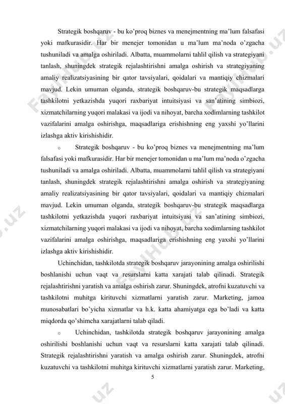 vazifalarini amalga oshirishga, maqsadlariga erishishning eng yaxshi yo’llarini izlashga aktiv kirishishidir. uchinchidan, tashkilotda strategik boshqaruv jarayonining amalga oshirilishi boshlanishi uchun vaqt va resurslarni katta xarajati talab qilinadi. strategik rejalashtirishni yaratish va amalga oshirish zarur. shuningdek, atrofni kuzatuvchi va tashkilotni muhitga kirituvchi xizmatlarni yaratish zarur. marketing, jamoa munosabatlari bo’yicha xizmatlar va h.k. katta ahamiyatga ega bo’ladi va katta miqdorda qo’shimcha xarajatlarni talab qiladi. · uchinchidan, tashkilotda strategik boshqaruv jarayonining amalga oshirilishi boshlanishi uchun vaqt va resurslarni katta xarajati talab qilinadi. strategik rejalashtirishni yaratish va amalga oshirish zarur. shuningdek, atrofni kuzatuvchi va tashkilotni muhitga kirituvchi xizmatlarni yaratish zarur. marketing, jamoa munosabatlari bo’yicha xizmatlar va h.k. katta ahamiyatga ega bo’ladi va katta miqdorda qo’shimcha xarajatlarni talab qiladi. · to’rtinchidan, strategik oldindan ko’ra bilish xatolarining salbiy oqibatlari keskin kuchayadi. qisqa muddatda umuman yangi mahsulotlar yaratilganda, qiqsa davrda qo’yilmalarning yo’nalishi keskin o’zgarganda, kutilmaganda biznes uchun yangi imkoniyatlar vujudga kelganda va uzoq yillar davomida mavjud bo’lgan …