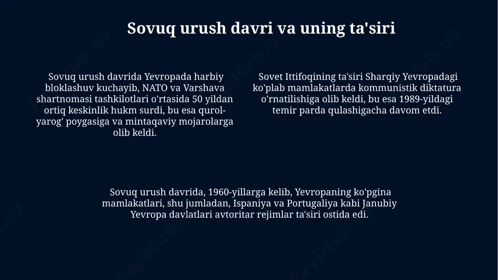да бир партияли тизимни ўрнатди ва сиёсий озодликни чеклади. португалиянинг африкадаги колонияларини сақлаб қолишга уринган салазар режими, ангола ва мозамбик каби ҳудудлардаги мустақиллик ҳаракатларига қарши кураш олиб борди, бу эса ўн минглаб инсонларнинг ҳаётига зомин бўлди. zamonaviy siyosiy tizimlarni solishtirish испаниянинг франко диктатураси (1939-1975) ва португалиянинг салазар диктатураси (1933-1974) жанубий европада авторитар ҳукуматнинг мисоллари бўлиб, уларнинг тугатилишидан кейин демократияга ўтиш жараёни кўп вақт олди. совет иттифоқининг таъсири остида бўлган шарқий европа давлатларида, жумладан, польша ва венгрияда, коммунистик диктатуралар 40 йилдан ортиқ давом этган. 1945 йилдан кейин жанубий европа давлатларининг кўпчилигида демократик тузум ўрнатилган бўлса, шимолий европада 20-асрнинг иккинчи ярмида социал-демократик моделлар кенг тарқалган. janubiy va shimoliy yevropa mamlakatlarida fuqarolik jamiyati bolgariya (janubiy yevropa) kabi mamlakatlarda kommunizm davridan keyingi o'tish davrida fuqarolik jamiyati tashkil etishga 10 yildan ortiq vaqt ketgan bo'lib, demokratiyaning mustahkamlanishi uchun ko'plab qiyinchiliklarni yengishga to'g'ri keldi. janubiy yevropadagi ba'zi davlatlarda, masalan, gretsiyada, 1967-1974 yillardagi harbiy xunta davrida fuqarolik …