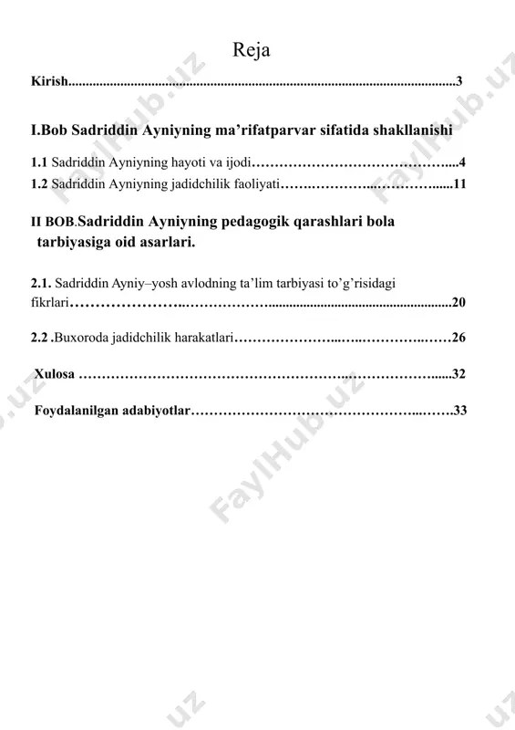 tganimizdek bu jarayonda behbudiy,fitrat,avloniy,cho’lpon,mirmuhsin shermuhammedov kabi xalqning ma’rifatli adiblari o’zlarining sa’y harakatlari bilan ommani ma’rifatli qilishga urinishdi.bu davrda o’zbek publisistikasining shakllanish davri bvoshlandi va bu publisistika ilk qadamlari bilanoq millatparvarlik manfaatlari yo’lida jonbozlik ko’rsatdi va bu kelajak avlodga katta adabiy me’ros sifatida bugungi kun matbuotchiligiga ham zamin bo’ldi. yakuniy xulosa shuki,turkiston vaqtli matbuot tarixi vatanimizning yaqin o’tmishidagi ma’rifat va jaholat,ozodlik va yovuzlik,jaholat va qabohat kurashlari tarixi ko’zgusidir. i.bob sadriddin ayniyning ma’rifatparvar sifatida shakllanishi 1.1 sadriddin ayniyning hayoti va ijodi. xix asrning soʻnggi choragida tugʻilib, xx asrning oʻrtalariga qadar yashab ijod etgan sadriddin ayniy oʻzbek va tojik adabiyotlari taraqqiyotiga muayyan hissa qoʻshgan zullisonayn yozuvchidir. u mansub boʻlgan yozuvchilar avlodi xalq va jamiyat hayotidan uzoqlashib qolgan mumtoz sharq adabiyotiga yangi toʻlqin berishga, uni yangi tarixiy davrning gʻoyalari bilan boyitishga intildi. shu maʼnoda sadriddin ayniy va uning qalamkash birodarlari xx asrning 10-yillarida yangi tipdagi oʻzbek va tojik adabiyotiga poydevor qoʻydilar.[1] sadriddin ayniy 1878 …
