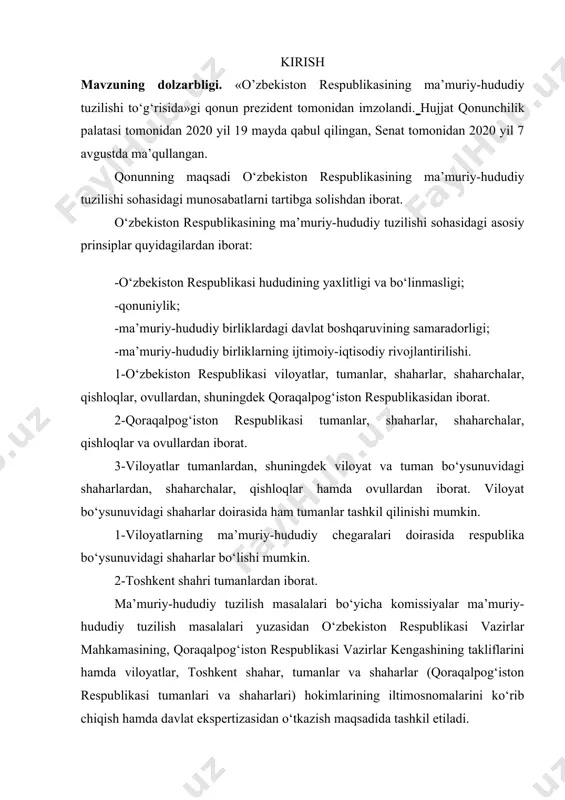 nning urbanistik tarkibi. 4. o’zbekiston shaharlarining hududiy tarkibi. 5.toshkent shahri, kabi vazifalarni qo’yadi. kurs ishining ob`yekti va predmeti. kurs ishining obekti sifatida o’zbekiston hududi tanlangan bo’lsa, tadqiqot predmeti o’zbekiston shaharlariga qaratilgan. kurs ishining tuzilishi va hajmi. kurs ishi kirish, beshta reja, jadvallar, xulosa va foydalanilgan adabiyotlar ilovalar ro’yhatidan iborat. 1.o’zbekistonda shaharlarning rivojlanishining tarixiy bosqichlari. o’zbekistonda garchi shaharlar qadimda, 2,5-3 ming yil avval vujudga kelgan bo’lsada, urbanizatsiya jarayoni ancha kech boshlandi. u o’ziga xos bo’lgan bir necha tarixiy bosqichlarga ajratiladi. 1-bosqich. qadimiy davr 1917 yilgacha bo’lib, bunda shahar maqomini berish bo’yicha rasmiy mezonlar bo’lmagan. aholi sonidan qat‘iy nazar yirik aholi manzilgohlari, xonlik, amirlik hamda bekliklarning ma‘muriy markazlari shahar deb yuritilgan. bu davrda shaharlar asosan transport tuguni (karvonsaroylar), savdo (bozorlar), harbiy-strategik (istehkomlar), diniy va ma’muriy markazlar sifatida vujudga kelgan. 1897-yilgi aholi ro’yxatiga ko’ra, ushbu shaharlarda jami aholining 18,8 foizi yashagan. 2-bosqich. 1917- yildan keyin shahar maqomi berish qoidalari o’zgarishi bilan shaharlar doirasi …