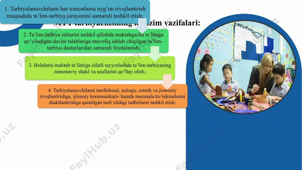 maktabgacha taʼlim yoʻnalishida kamida oliy taʼlim muassasalarining uchinchi va undan yuqori kurs talabalariga oliy taʼlim muassasasining maʼlumotnomasi asosida ruxsat beriladi. mutaxassislik maktabgacha taʼlim yoʻnalishi (nomutaxasis oliy maʼlumotlilar maktabgacha taʼlim yoʻnalishidagi kasbiy qayta tayyorlov kursini tamomlagan) mehnat staji maktabgacha taʼlim tizimida 2 yildan kam boʻlmagan pedagogik ish staji (olis va chekka hududlarda joylashgan davlat maktabgacha taʼlim tashkilotlarida ayrim toifadagi mutaxassislar yetishmasligini inobatga olib maktabgacha taʼlim tizimida bir yildan kam boʻlmagan pedagogik ish staji) kompyuter savodxonligi microsoft office dasturi (word, excel, power point va h.k), zamonaviy axborot texnologiyalari va axborot tizimlari hamda internet tarmogʻida ishlash boʻyicha yetarli koʻnikmaga ega boʻlishi qoʻshimcha talablar oʻzbekiston respublikasining “maktabgacha taʼlim va tarbiya toʻgʻrisida”gi, “taʼlim toʻgʻrisida”gi, “pedagogning maqomi toʻgʻrisida”gi qonunlardan toʻliq xabardor boʻlishi; davlat tilini bilish (rus, ingliz va boshqa chet tillarini bilish afzallik hisoblanadi); sohaga oid normativ-huquqiy hujjatlar va standartlardan xabardor boʻlishi, amaliyotga toʻlaqonli tatbiq etishi, doimiy ravishda malakasini oshirganligi. maktabgacha ta’lim tashkiloti tarbiyachisiga qo‘yilgan malaka …