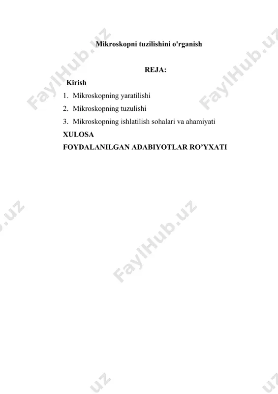 beradigan (yaʼni ajratish qobiliyati 0,25 mkm boʻlgan) mikroskop mavjud (elektron mikroskopniki — 0,01—0,1 nm). ikki linzadan iborat tizimning tasvirni kattalashtirib berishi 16-asrdayoq niderlandiya va italiyadagi koʻzoynaksoz ustalarga maʼlum boʻlgan, (ikki linzali mikroskopni niderland ustasi 3. yansen 1590 yilda kurgan), lekin birinchi mikroskopni 1609—10 yillarda g. galiley ixtiro qilgan, murakkab mikroskopning hisobini 1872 yilda e. abbe qilgan. mikroskopda obʼyektiv sifatida bir-biriga yopishtirilgan sferik linza va koma (tasvir buzilishi)ga toʻgʻrilangan axromatik linzalardan foydalaniladi. mikroskopda koʻp linzali obʼyektiv emas, balki ikki linza orasiga maxsus tiniq suyuqlik quyilgan immersion obʼyektiv ishlatiladi. immersion obʼyektivda nur sochilishi kamayadi. ultrabinafsha, infraqizil spektr sohasida ishlatiladigan mikroskop obʼyektivi yana ham sifatli boʻlishi zarur. mikroskopda tekshiriladigan preparatlar oʻzidan yorugʻlik chiqarmaydi, shu sababli uni yoritish lozimikroskop obʼyektni yoritishning turli usullari mavjud. uning yoritilishiga qarab tasvir kon-trastlari (anikligi) ortedi. okulyar ham mikroskopning muhim kismi. tekshiriladigan obʼyektga qarab okulyarlar turlicha buladi. okulyar sifatida koʻrish trubasi (koʻpincha, gyuygens tipidagi okulyar) ishlatiladi. yoritishda mikrokondensorlardan foydalaniladi; …