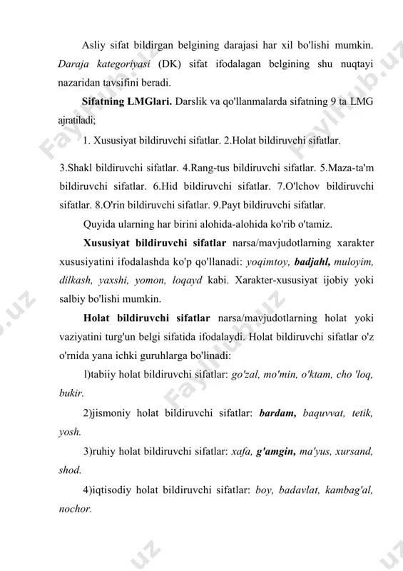 i: affiksatsiya va kompozitsiya usuli. affiksatsiya usuli. o'zbek tilida sifat yasovchi affiksal derivatsion qoliplar anchagina. ularni birma-bir sanab o'tamiz, [ot + -li = 1) asosdan anglashilgan narsa/predmetga egalik belgisini bildiruvchi sifat; 2) asosdan anglashilgan narsa/predmetga me'yordan ortiq egalik belgisini bildiruvchi sifat;] ( 1) rastnli, do'ppili, masxarali, gavdali; 2) aqlli, gavdali, kuchli), [harakat nomi + -li = narsa/predmetning fe'ldan anglashilgan ish-harakat uchun juda mosligi, bopligini bildiruvchi sifat] {o'tirishli, eyishli, ichishli). 2. [ot +- dor= 1) asosdan anglashilgan narsa-predmetgaegalik belgisini bildiruvchi sifat; 2) asosdan anglashilgannarsaning me'yordan ortiqiigini bildiruvchi sifat] ( \)aloqador,aybdor, manfaatdor; 2)mahsuldor, nasldor, to 'shdor). 3. [ser + ot = asosdan anglashilgan narsaningme'yordan ortiqiigini bildiruvchi sifat] (sersoqol, sersuv,ser go 'sht, sersomon). 4. [be + ot = asosdan anglashilgan narsaning yo'qekanligini bildiruvchi sifat] (bemajol, bedin, beg 'ubor). 5. [ba + ot = asosdan anglashilgan narsaning me'yordanortiqiigini bildiruvchi sifat] {basavlat, baquvvat, sersavlat). 6. [no + ot = 1) asosdan anglashilgan narsaga egaemaslikni bildiruvchi …