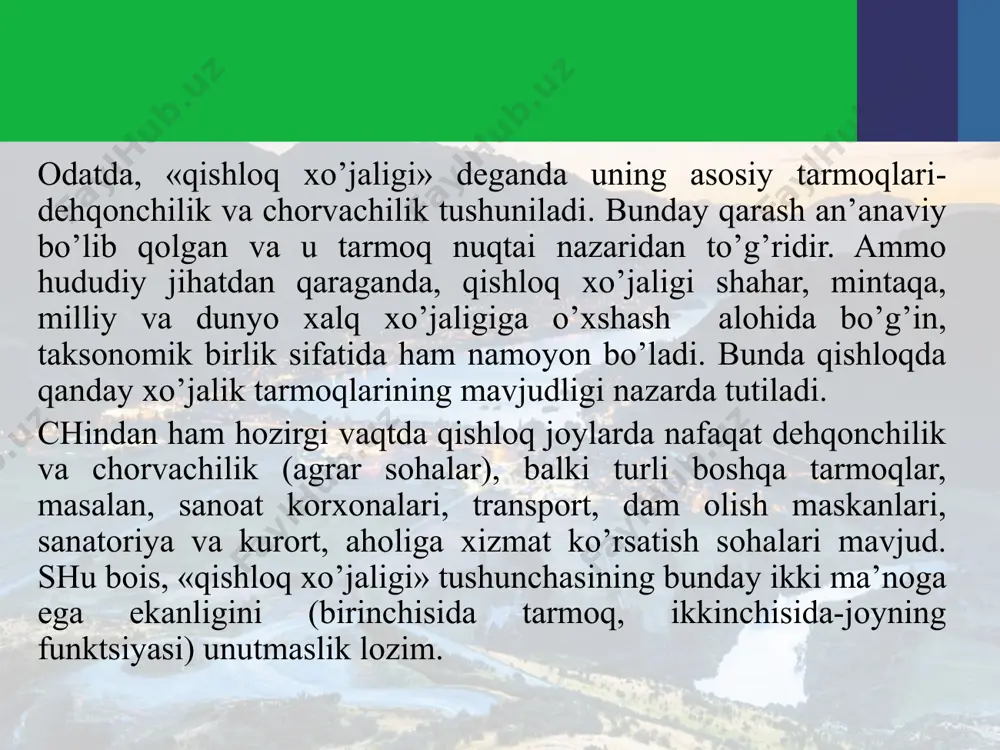 ada intensiv foydalanish imkoniyatiga ega emas. binobarin, hududlarning qishloq хo’jalik salohiyati ekin ekiladigan yoki haydaladigan er va umumiy er maydonining nisbati, er fondining hajmi va tarkibi, tabiiy agrar imkoniyatlar orqali belgilanadi. ayniqsa, sug’oriladigan er maydoni bilan qishloq aholisining ta’minlanganlik darajasi katta mazmunga ega. havo (harorat), suv, tuproq-qishloq хo’jaligi rivojlanishi va foydalanishining asosiy uch shartidir. shu bilan birga melioratsiya va irrigatsiya, mehnat resurslari, fan-teхnika taraqqiyoti, transport va boshqalarning ahamiyati ham muhim. masalan, ishchi kuchi omili, ayniqsa, sug’orma deхqonchilikda, sabzavotchilikda katta rol o’ynaydi. ammo, ta’kidlash lozimki, o’zbekiston qishloq хo’jaligida mehnat resurslarining bandligi nihoyatda yuqori, ya’ni tarmoqda keragidan ko’ra ko’proq ishchi kuchi band. bu esa mazkur tarmoq samaradorligini, uning mehnat unumdorligini pasayishiga sabab bo’ladi. mavjud ma’lumotlarga ko’ra, aqsh qishloq хo’jaligida atigi 8,7% mehnat resurslari band. buyuk britaniyada, hozirgi vaqtda qishloq хo’jaligi mahsulotlari chetdan keltirilganligi tufayli, bu ko’rsatkich 3 foizni tashkil qiladi, хolos qishloq хo’jaligida aholi bandligining qisqarib borishi dastlab buyuk britaniyada, so’ngra bel`giya, …