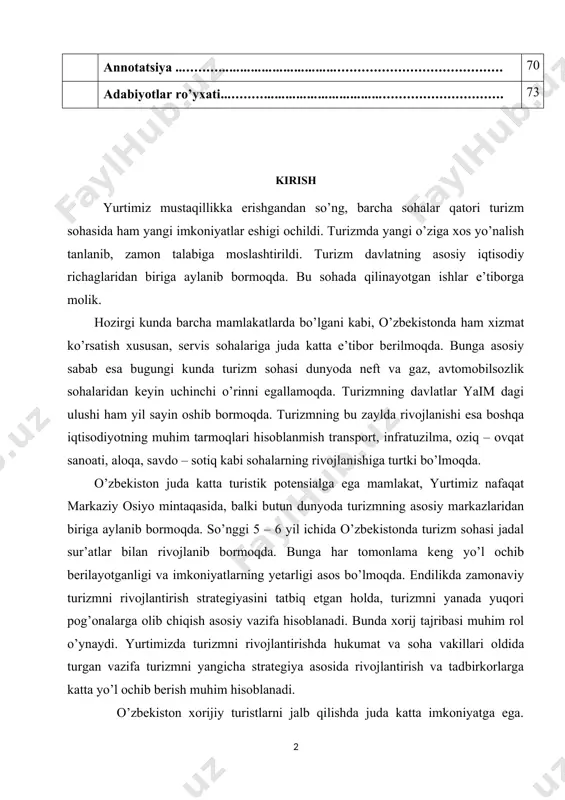 yurtimiz mustaqillikka erishgandan so’ng, barcha sohalar qatori turizm sohasida ham yangi imkoniyatlar eshigi ochildi. turizmda yangi o’ziga xos yo’nalish tanlanib, zamon talabiga moslashtirildi. turizm davlatning asosiy iqtisodiy richaglaridan biriga aylanib bormoqda. bu sohada qilinayotgan ishlar e’tiborga molik. hozirgi kunda barcha mamlakatlarda bo’lgani kabi, o’zbekistonda ham xizmat ko’rsatish xususan, servis sohalariga juda katta e’tibor berilmoqda. bunga asosiy sabab esa bugungi kunda turizm sohasi dunyoda neft va gaz, avtomobilsozlik sohalaridan keyin uchinchi o’rinni egallamoqda. turizmning davlatlar yaim dagi ulushi ham yil sayin oshib bormoqda. turizmning bu zaylda rivojlanishi esa boshqa iqtisodiyotning muhim tarmoqlari hisoblanmish transport, infratuzilma, oziq – ovqat sanoati, aloqa, savdo – sotiq kabi sohalarning rivojlanishiga turtki bo’lmoqda. o’zbekiston juda katta turistik potensialga ega mamlakat, yurtimiz nafaqat markaziy osiyo mintaqasida, balki butun dunyoda turizmning asosiy markazlaridan biriga aylanib bormoqda. so’nggi 5 – 6 yil ichida o’zbekistonda turizm sohasi jadal sur’atlar bilan rivojlanib bormoqda. bunga har tomonlama keng yo’l ochib berilayotganligi va …