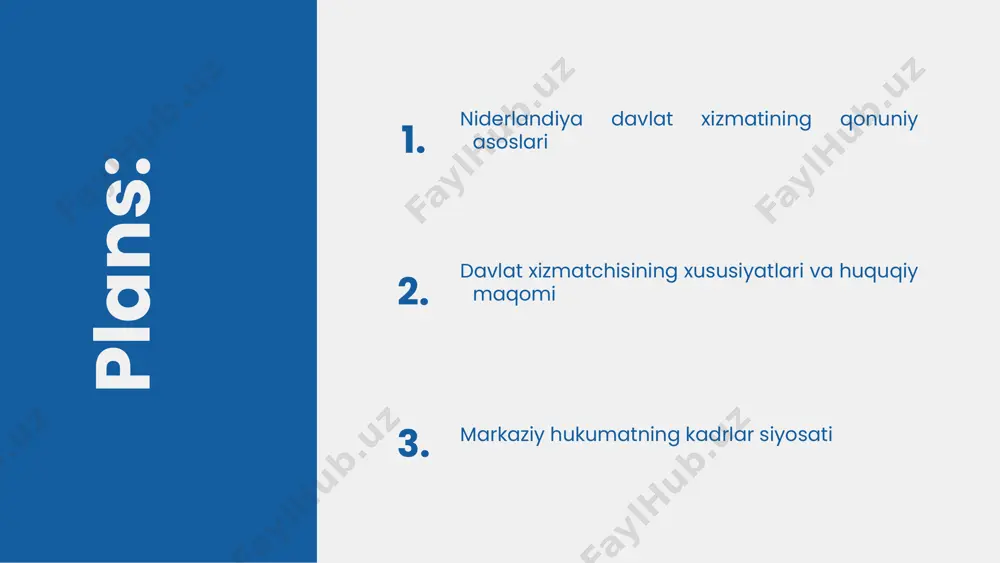 dudlar (niderlandiya, aruba, kuraçao va sint maarten) o‘rtasidagi huquqiy munosabatlarni tartibga soladi. u davlat xizmatiga oid ba'zi normalarni belgilaydi, ayniqsa qirollik tarkibidagi har bir hududda davlat xizmati tizimini mustaqil ravishda boshqarish huquqini ta'minlaydi. niderlandiya mehnat qonunlari niderlandiyada mehnat qonunlari davlat xizmatchilariga nisbatan ko‘plab qoidalarga tegishli, masalan, ish haqi, ish vaqti va mehnat shartnomalari kabilarni tartibga soluvchi qonun hujjatlari mavjud. niderlandiya fuqarolik kodeksi (burgerlijk wetboek) davlat xizmatchilari bilan mehnat munosabatlarini tartibga solishda qo‘llaniladi. davlat xizmatining ishlash tizimi------------------------------------ niderlandiyada davlat xizmati tizimi ochiq pozitsiya tizimiga asoslangan bo‘lib, bu degani, davlat xizmatchiligi lavozimlari barcha fuqarolar uchun ochiq va e'lon qilinadi, shunda har bir shaxs o‘z malakasiga mos bo‘lgan lavozimga da'vogarlik qila oladi. davlat xizmatchilari ikki turdagi shartnomalar bilan ishga qabul qilinishi mumkin: jamoat huquqi asosidagi xodimlar: davlat xizmatchilari bu statusga ega bo‘lib, ular maxsus himoyaga ega, jumladan tasodifiy ravishda ishdan bo‘shatilishdan himoyalangan. xususiy shartnoma asosidagi xodimlar: ba'zi davlat xizmatchilari xususiy shartnomalar asosida ishlaydi, …