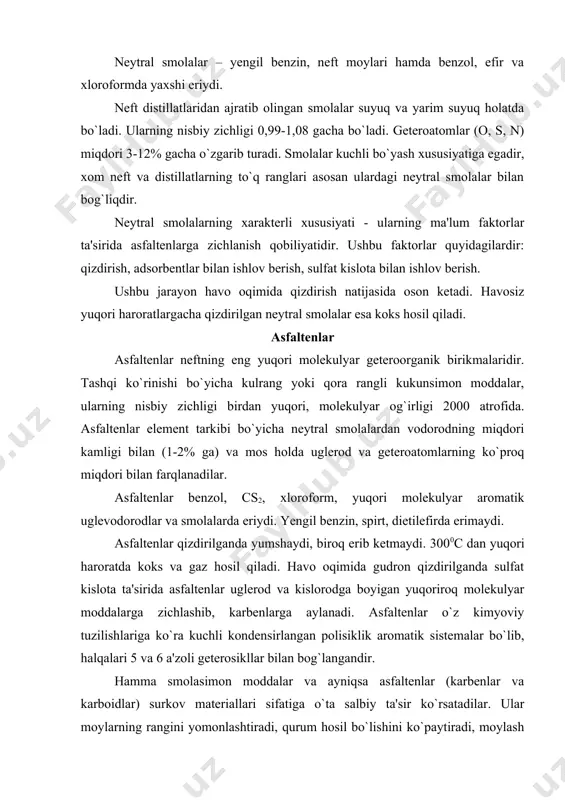 bo`ladi. eng asosiy ishlatish yo`nalishlari: yo`lni qoplash, qurilish ishida gidroizolyatsiya materiallari, to`l ishlab chiqarish. adabiyotlar 1. бык с.ш., фомина в.и. газовые гидраты. – м.: винити, 1970. 2. добрянский а.ф. химия нефти. – л.: гостоптехиздат, 1961. 3. иванова л.в., корнеев м.и., юзбашев в.н. технология переработки нефти и газа. – м.: химия, 1966. 4. кожевников а.в. химия нефти. – л.: сзпи, 1974. 5. мартыненко а.г. производство и применение жидких парафинов. – м.: химия, 1978. 6. петров а.а. химия алканов. – м.: наука, 1974. 7. ходжаев г.х., рябова н.д., дмитриев п.п. – в кн.: нефти узбекистана. – т.: фан, 1958. 8. черножуков н.и. технология переработки нефти и газа. ч. з. – м.: химия, 1966. 9. эрих в.н., расина м.г., рудин м.г. химия и технология нефти и газа. – л.: химия, 1977. 10. нефти ссср. справочник. – м.: химия. т. 1, 1971; т. 2, 1972; т. 3, 1973; т. 4, 1974; дополнит. том, 1975. …