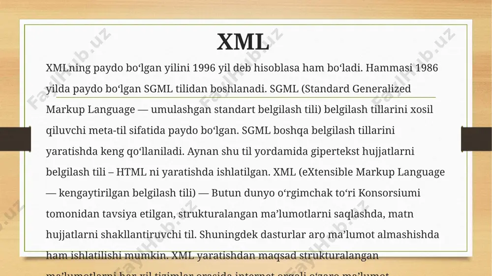 aqlashga mo‘ljallangan matn shaklidagi ierarxik struktura. bunday struktura tashqi ko‘rinishidan elementlar daraxti tarzida tasavvur etilish mumkin. xml elementlari teglar tarzida aniqlanadi. misol tarzida xml yordamida belgilangan oddiy kulinariya retseptini ko‘rishimiz mumkin: muka drojji tyoplaya voda sol smeshat vse ingredientы i tщatelno zamesit. zakrыt tkanyu i ostavit na odin chas v tyoplom pomeщenii. zamesit yeщyo raz, polojit na protiven i postavit v duxovku. xml e’lonlar xml-hujjatning birinchi satri xml e’lon deyiladi (xml declaration). bu zarur bo‘lmagan satrda xml standart versiyasi va simvollar kodirovkasi e’lon qilinadi. xml-protsessor albatta utf-8, utf-16 yunikod-kodirovkalarni tanishi talab qilinadi. boshqa keng ishlatiladigan iso/iec 8859 standartga asoslangan windows-1251, koi-8 ruscha kodirovkalarni ham tanishi mumkin. maxsus simvollar xml-hujjatda maxsus ishlatiladigan simvollar aniqlangan. maxsus simvollar boshqa simvollardan oldidan ampersend belgisi (&) va ortidan keyin nuqta vergul (;) qo‘yib ajratiladi. oldindan aniqlangan maxsus simvollar & (&), ), ' (') i " (") dan iborat. – uzun probelni anglatadi. ixtiyoriy simvolni uning …